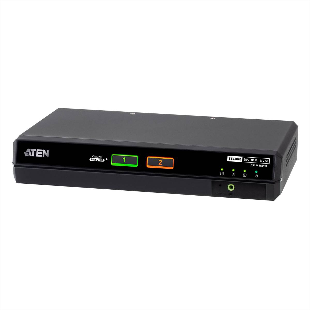 Schwarzer ATEN Secure KVM-Umschalter mit zwei beleuchteten Kanalschaltflächen mit den Bezeichnungen 1 und 2 sowie Statusindikatoren auf der Frontplatte.