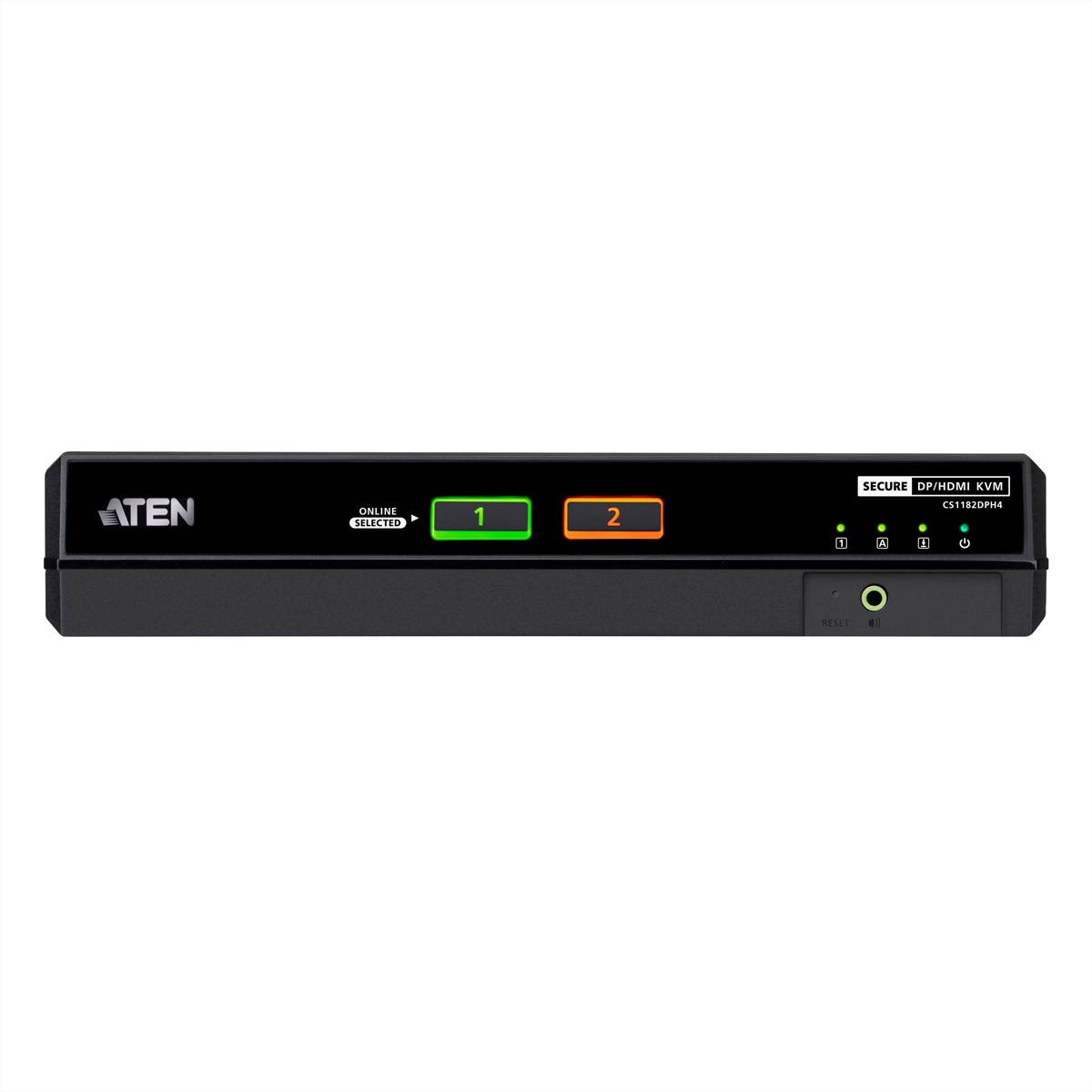 ATEN Sicherer DP/HDMI KVM-Schalter mit zwei nummerierten Anschlüssen und Statusleuchten auf der Vorderseite einer schwarzen Rack-Mount-Einheit.