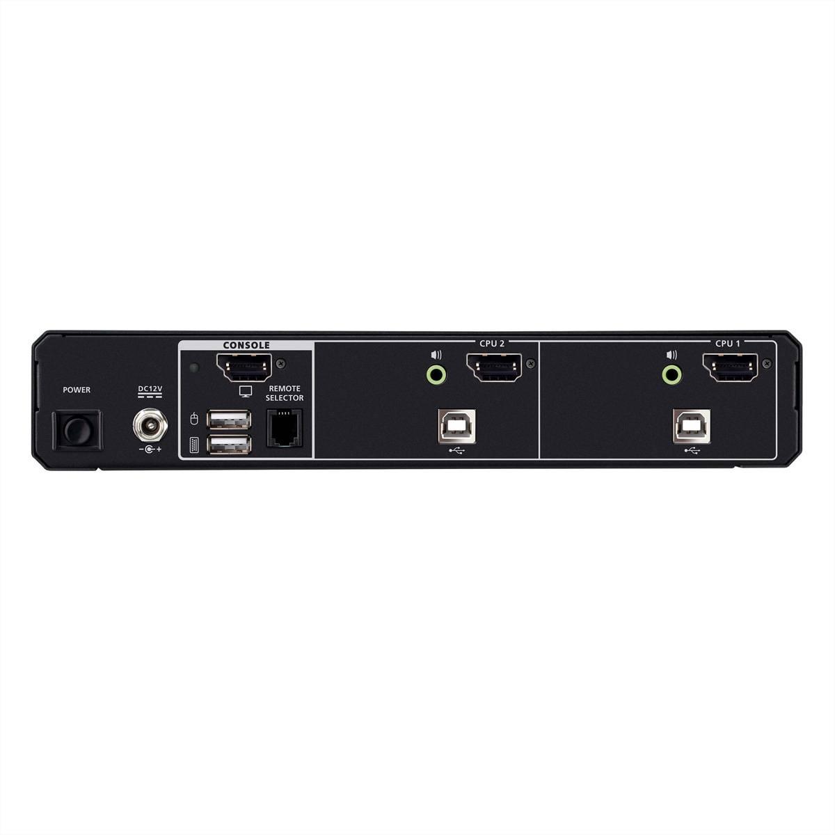 Frontplatte eines Konsolenschalters mit Stromversorgung, DC12V-Eingang, Konsolenschnittstellen und separaten CPU 1- und CPU 2-Anschlüssen für zwei Computer.