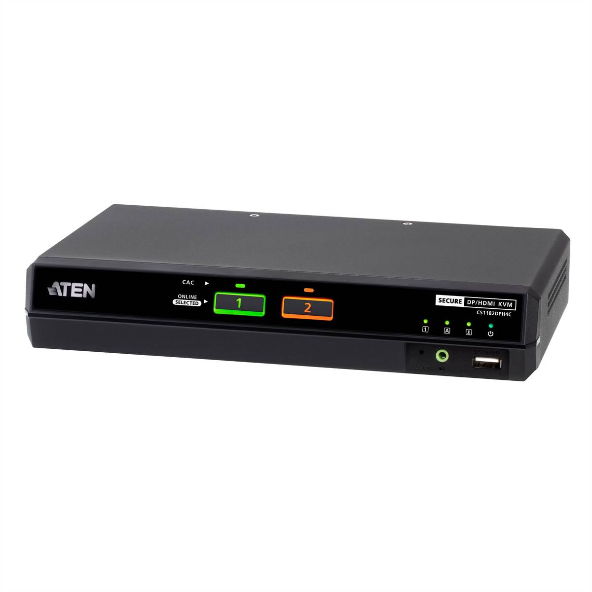 Schwarze ATEN Secure KVM-Schaltbox mit beleuchteten Tasten für die Kanäle 1 und 2 auf der Frontplatte.