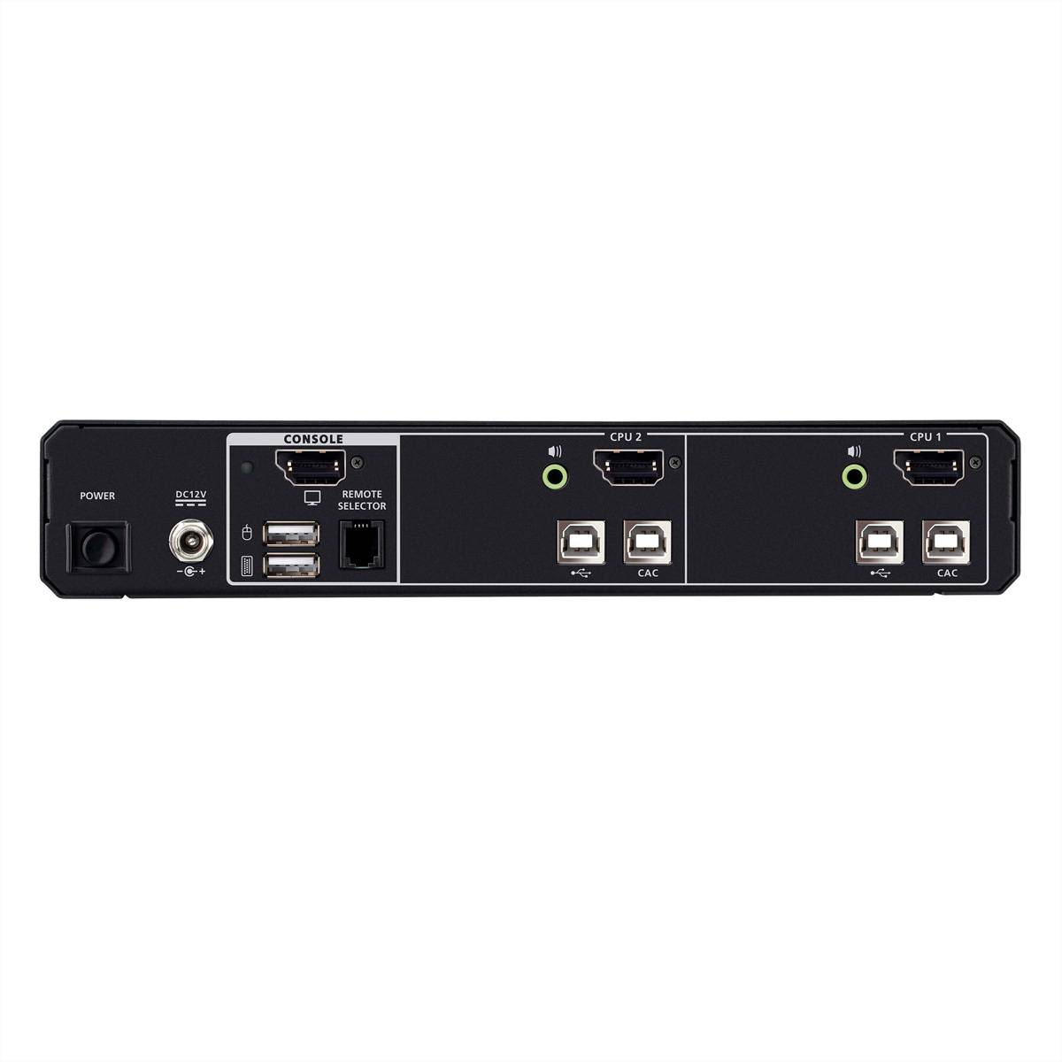 Hinteres Bedienfeld eines Netzwerk-Switches mit Stromversorgung, Konsole und CPU 1/CPU 2 Anschlüssen, einschließlich CAC und Remote-Selector-Verbindungen.