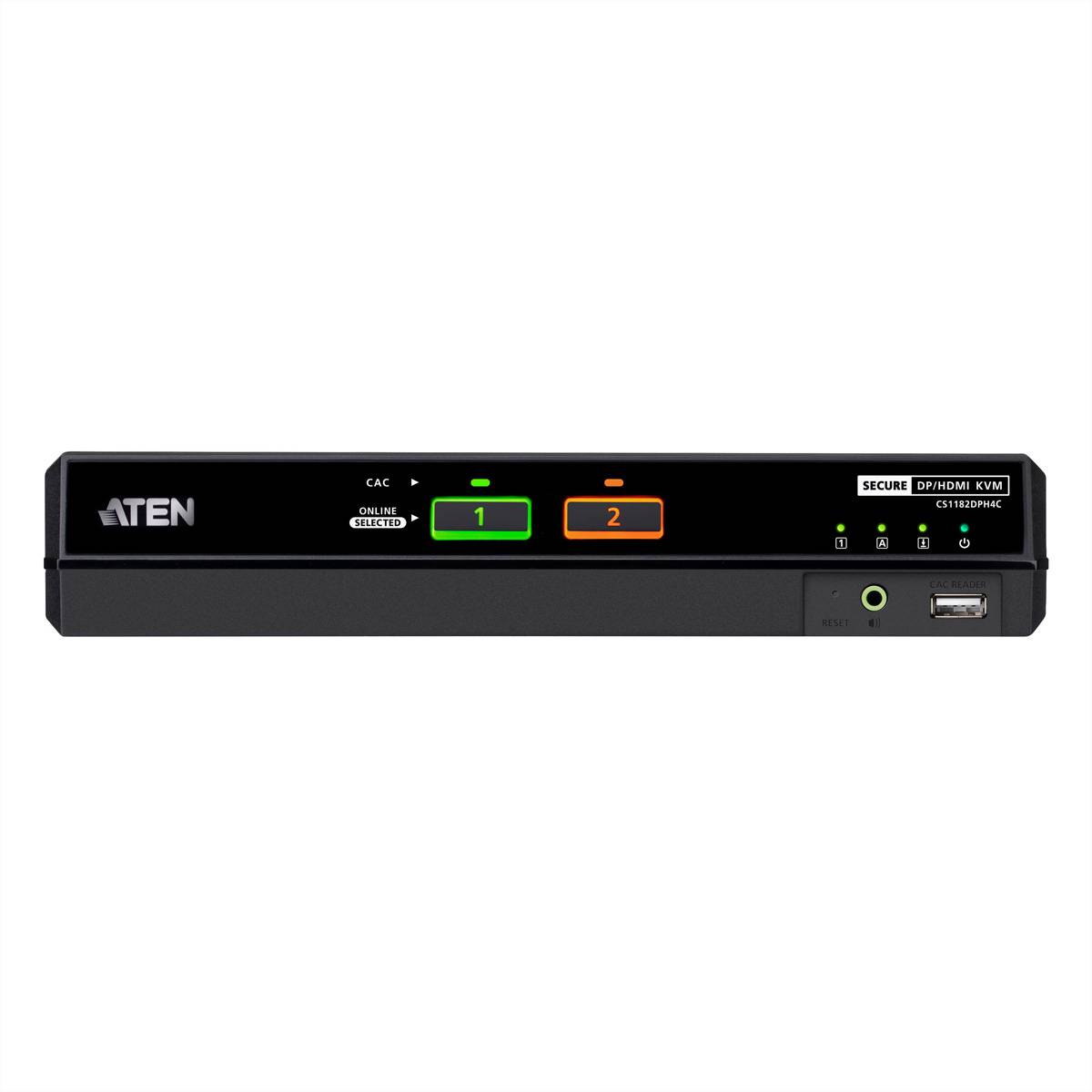 Vorderansicht eines ATEN Secure KVM-Schalters mit zwei nummerierten Kanalschaltflächen, Statusleuchten und vorderen USB- und Audioanschlüssen.