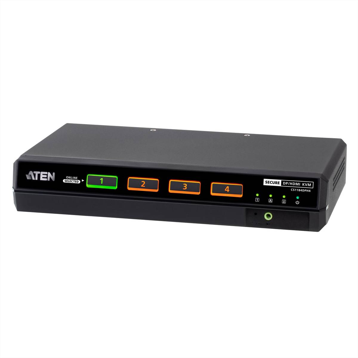 Schwarzer ATEN Secure DVI/HDMI KVM-Schalter mit vier nummerierten Eingabetasten und Status-LEDs auf der Frontplatte.