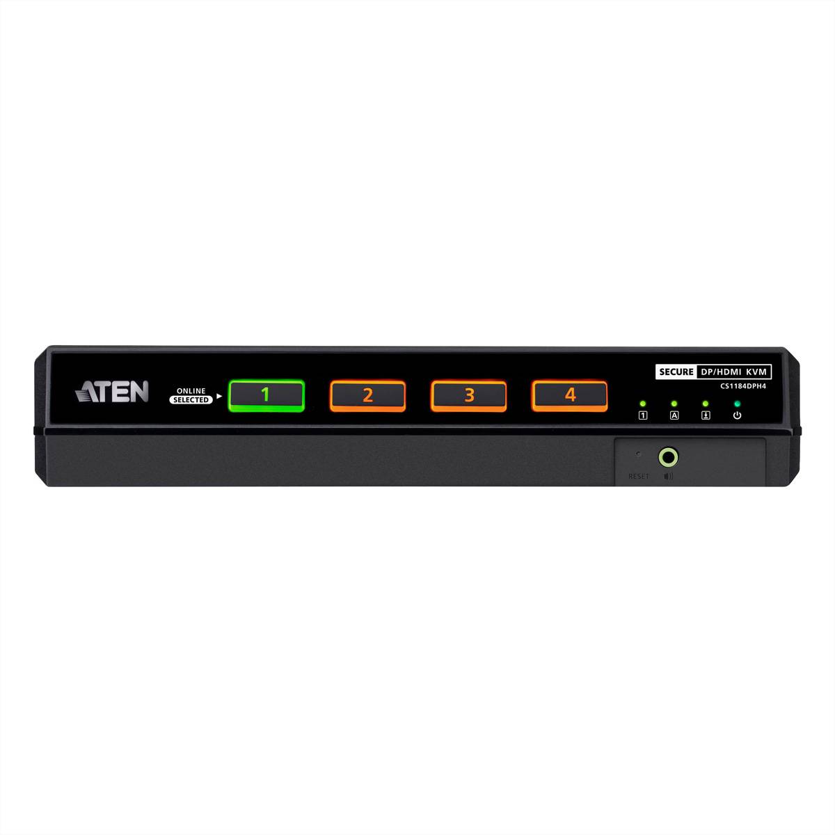 ATEN sichere DP/HDMI KVM-Switch Frontblende mit vier nummerierten Auswahlschaltflächen und Status-LEDs.