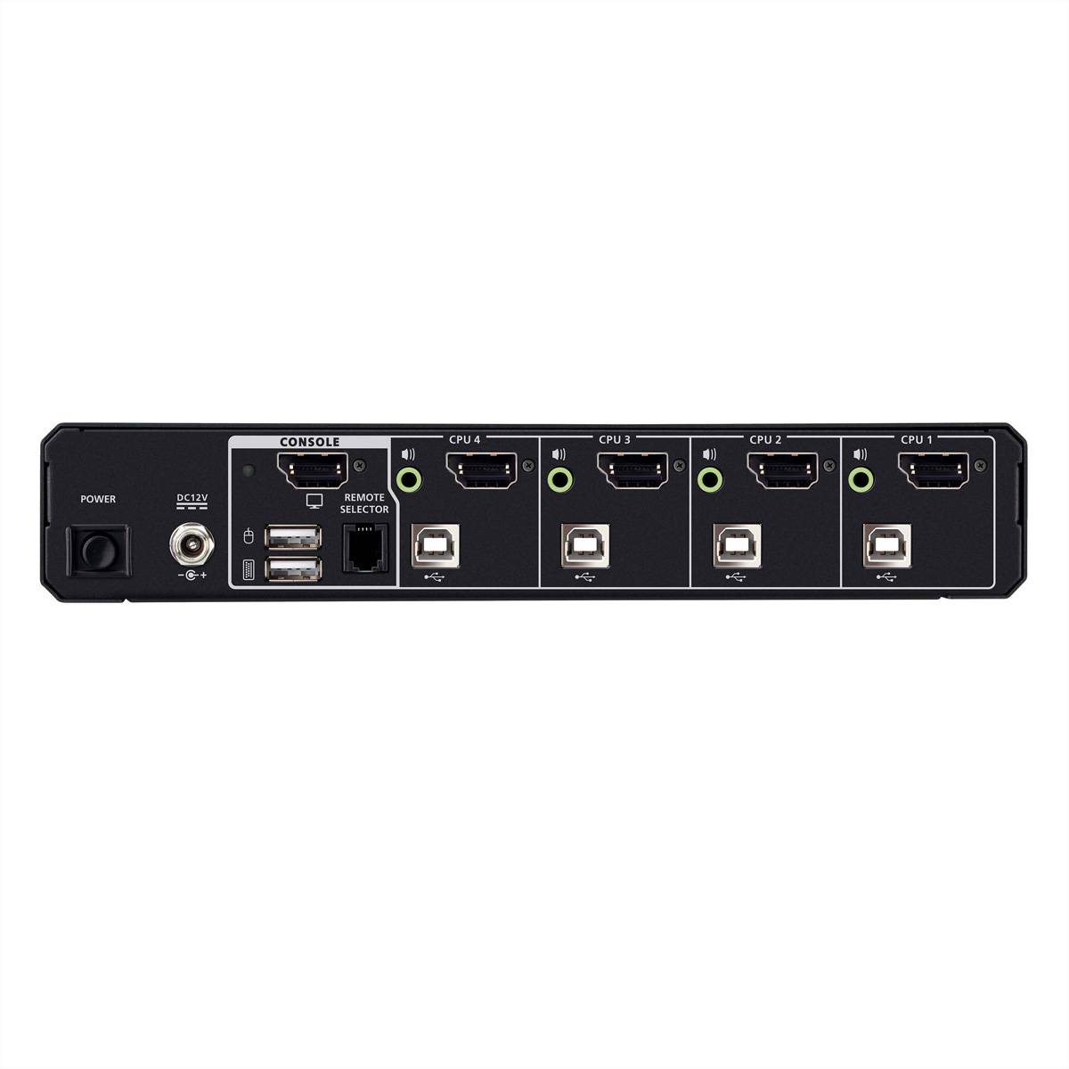 Rückseite eines 8-Port-KVM-Schalters mit Stromversorgung, Konsole, USB und vier CPU-Eingangsports mit den Bezeichnungen CPU 1-4.