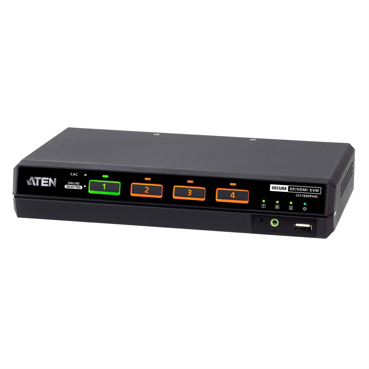 ATEN 4-Port-Sicherheits-DVI/HDMI-KVM-Schalter mit beleuchteten nummerierten Tasten und vorderen Statusanzeigen auf weißem Hintergrund