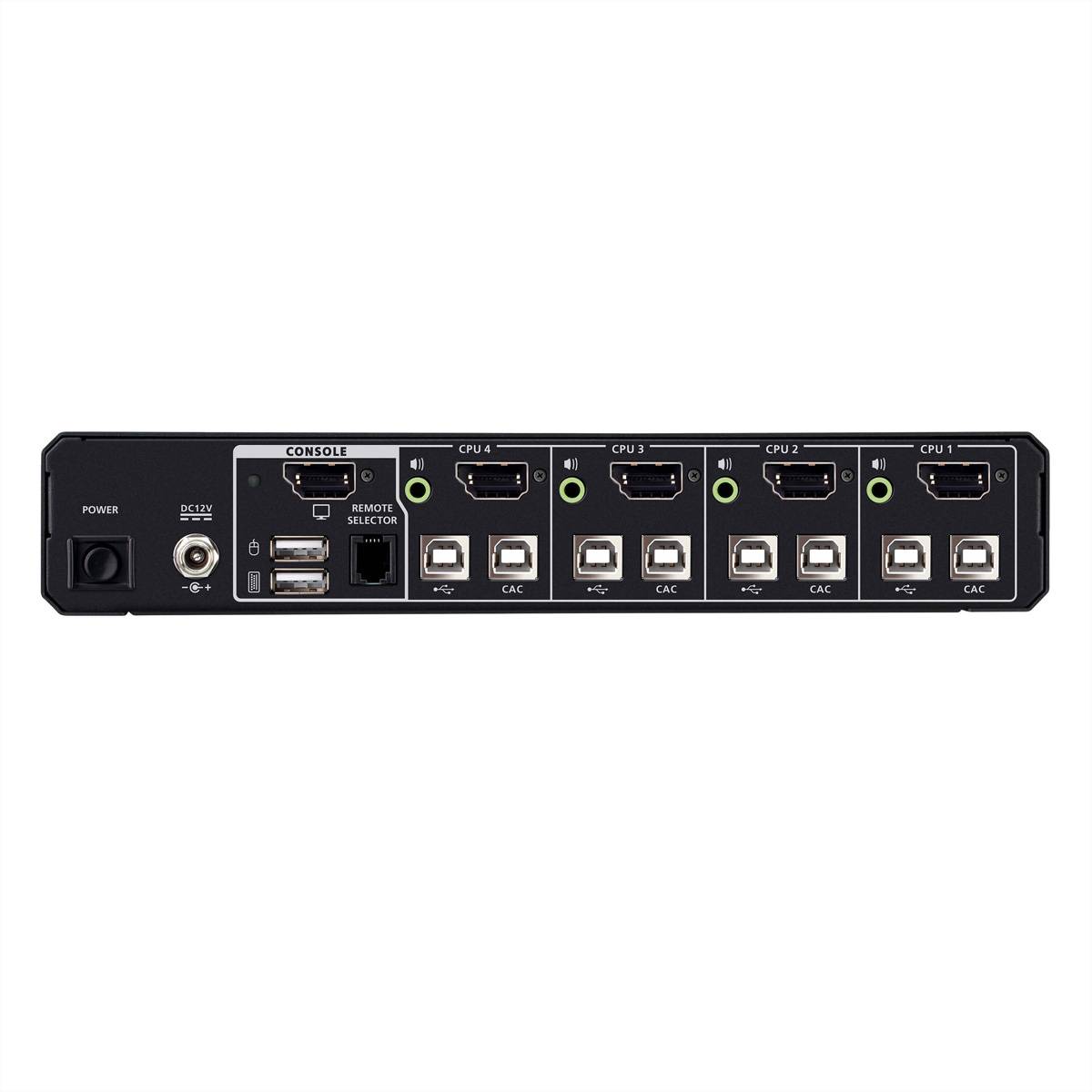 Rückansicht eines Netzwerk-Switches mit Stromeingang, Konsolen- und Remote-Selector-Anschlüssen sowie vier CPU/CAC-Modullschächten, gekennzeichnet mit CPU 4 bis CPU 1.