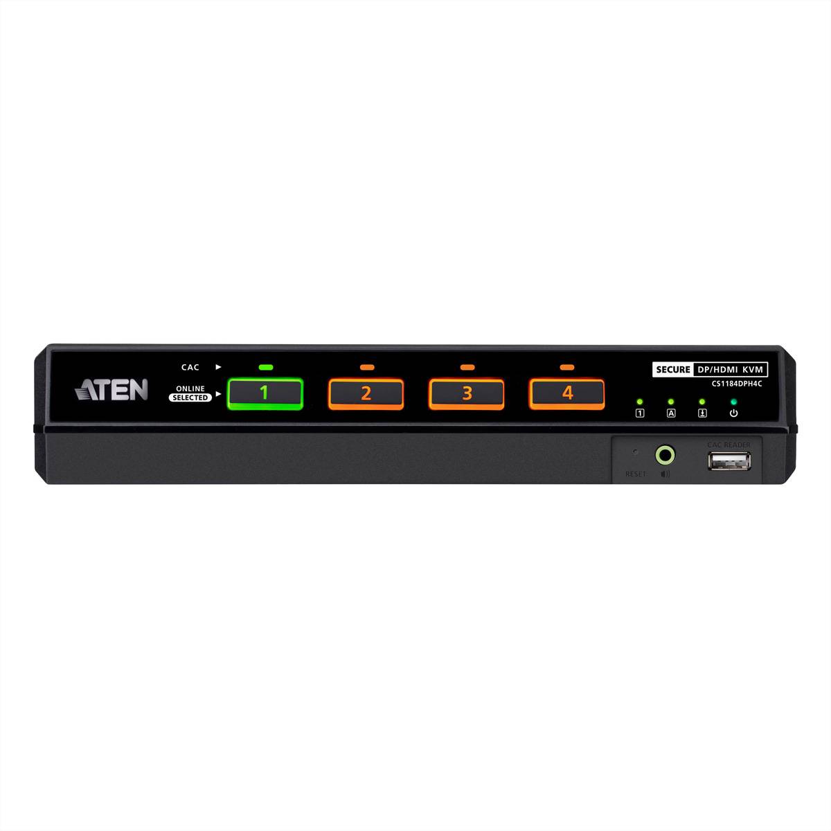 ATEN sichere DP/HDMI KVM-Switch mit vier nummerierten Eingabetasten, Statusleuchten und vorderen USB-/Audioanschlüssen