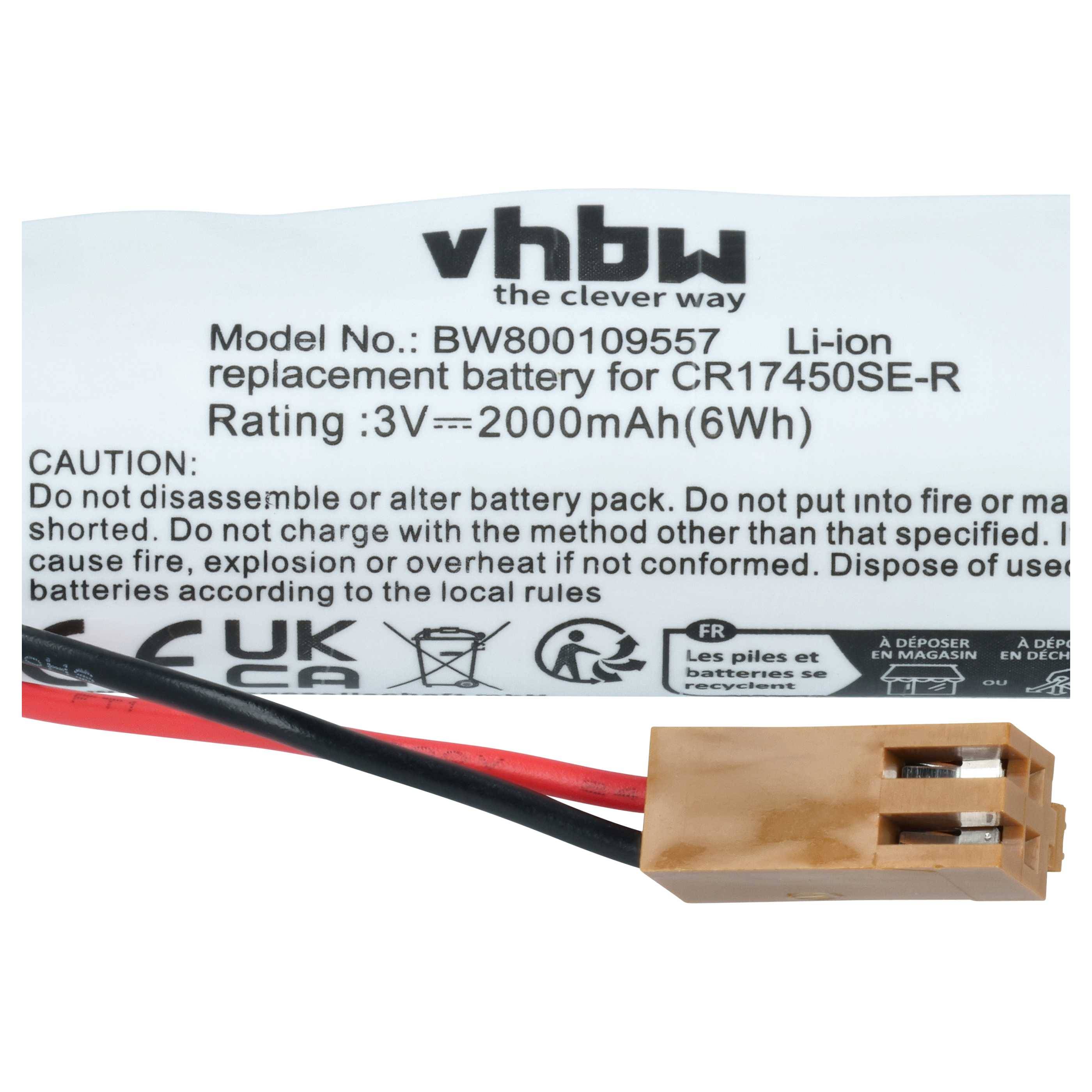 Worx Lithium-Ionen-Ersatzbatterie mit roten und schwarzen Anschlussdrähten; Nennwerte 3V, 2000mAh (6Wh), Modell BW800109557 für CR17450SE-R.