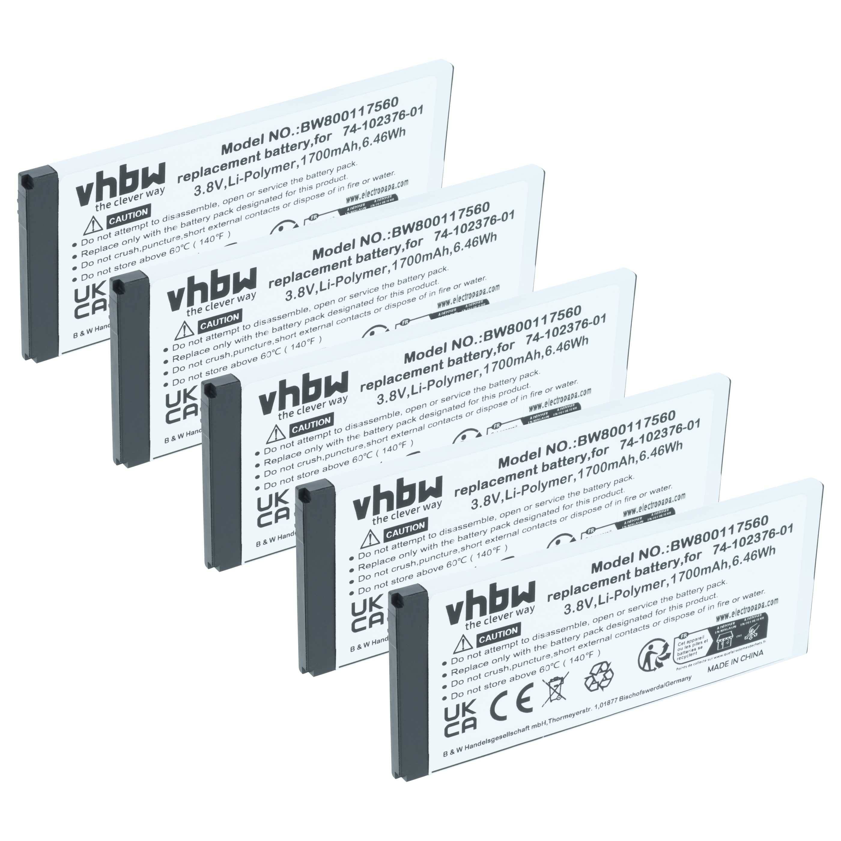 vhbw 5x Akku Ersatz für Cisco GP-S10-374192-010H, CP-BATT-8821, 74-102376-01 für schnurlos Festnetz Telefon (1700 mAh, 3,8 V, Li-Polymer)
