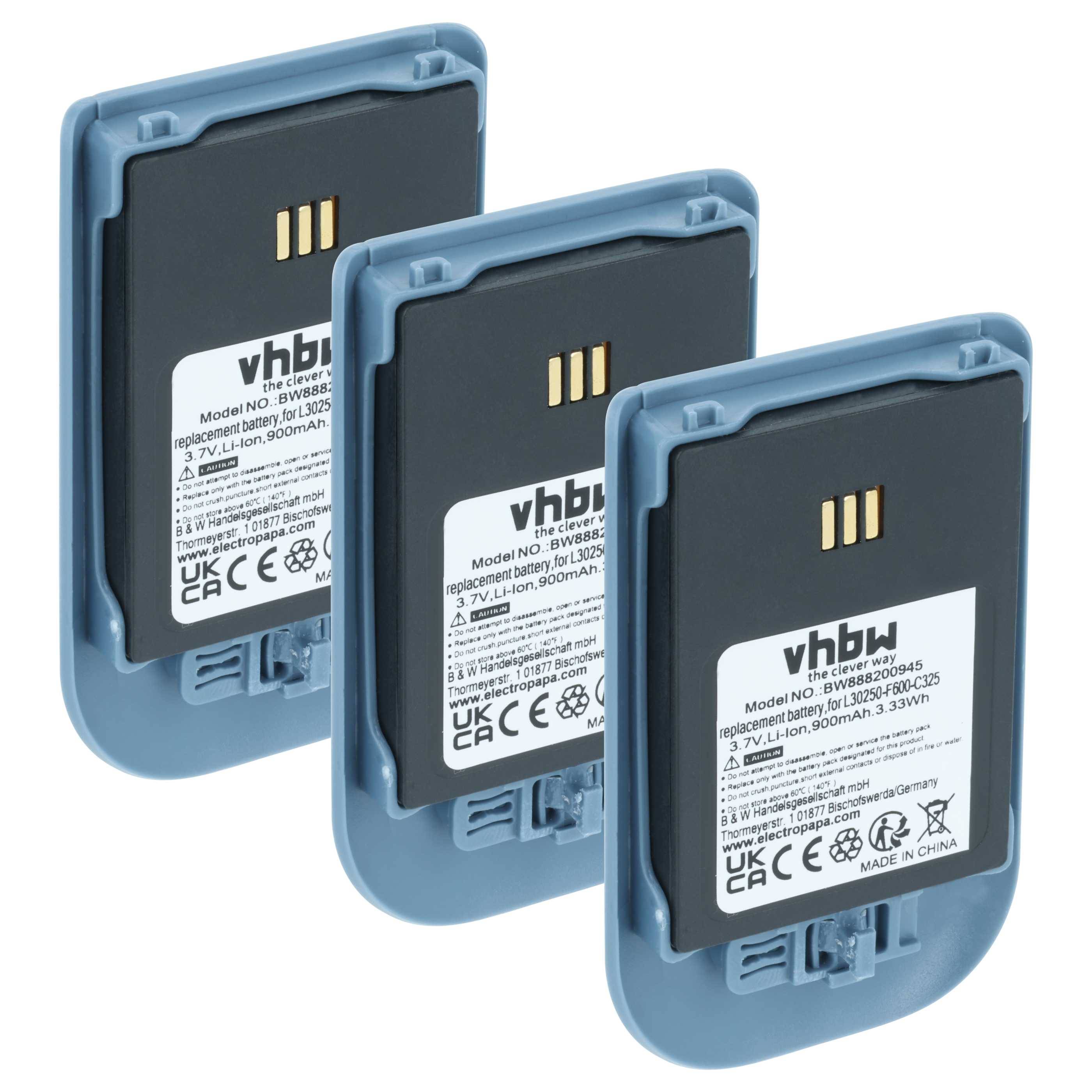 vhbw 3x Akku kompatibel mit Innovaphone IP62, IP63 schnurlos Festnetz Telefon (900 mAh, 3,7 V, Li-Ion) Blau Grau