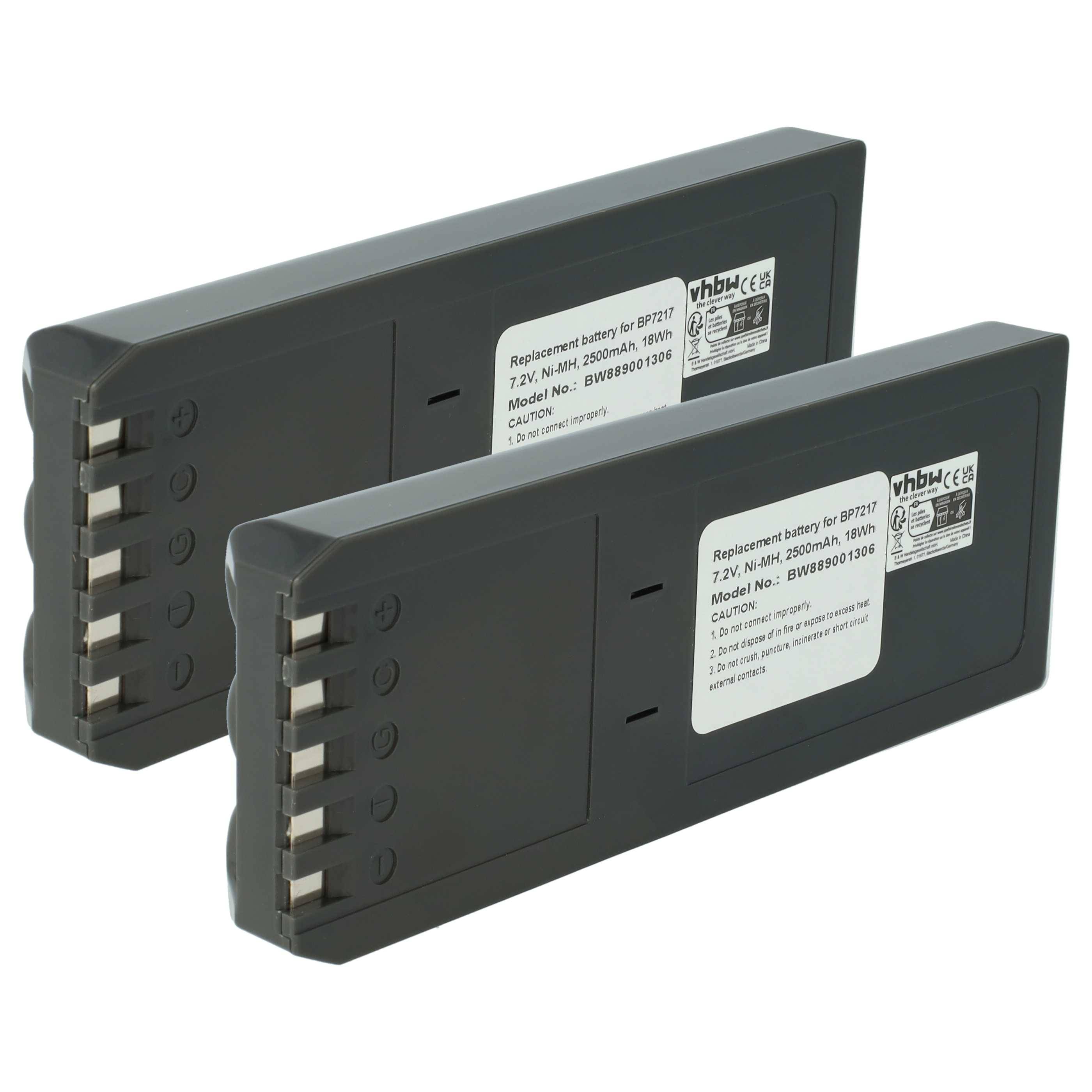 Zwei schwarze wiederaufladbare Batterieblöcke nebeneinander dargestellt, jeder mit einem weißen Etikett und Anschlussklemmen an einem Ende.