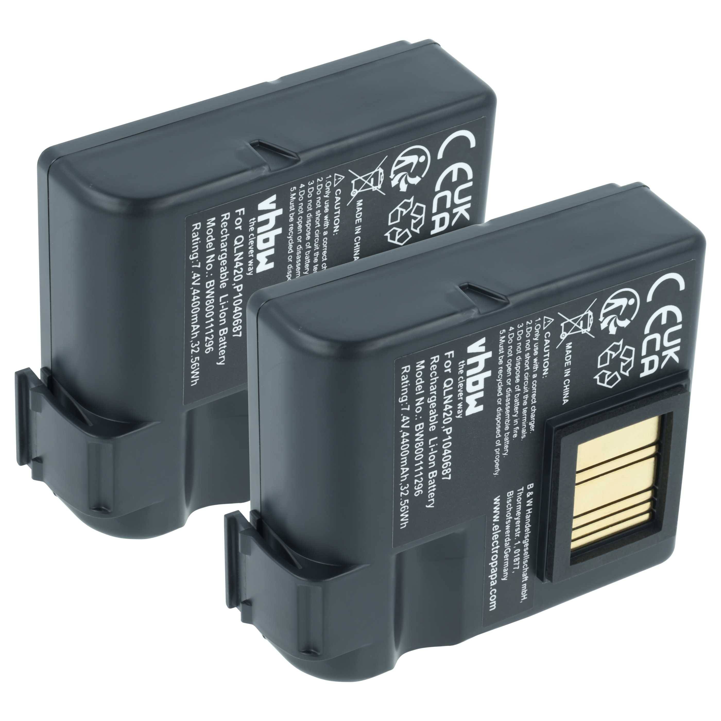 vhbw 2x Akku Ersatz für Zebra BTRY-MPP-68MA1-01, P1040687 für Drucker Kopierer Scanner Etiketten-Drucker (4400 mAh, 7,4 V, Li-Ion)