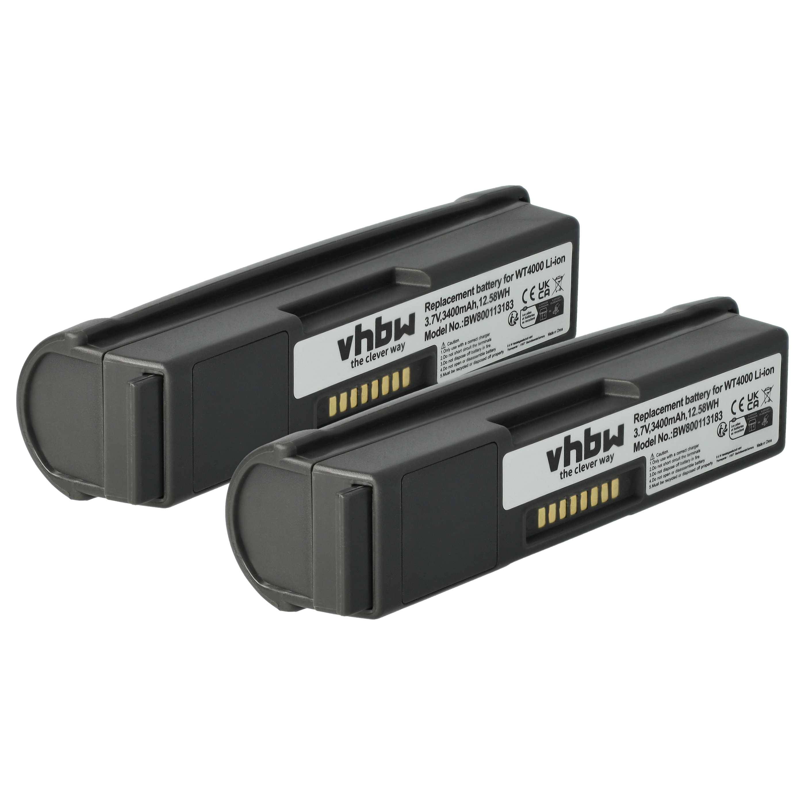 vhbw 2x Akku kompatibel mit Zebra WT41N0, WT4090, WT4000 Barcodescanner POS (3400 mAh, 3,7 V, Li-Ion)