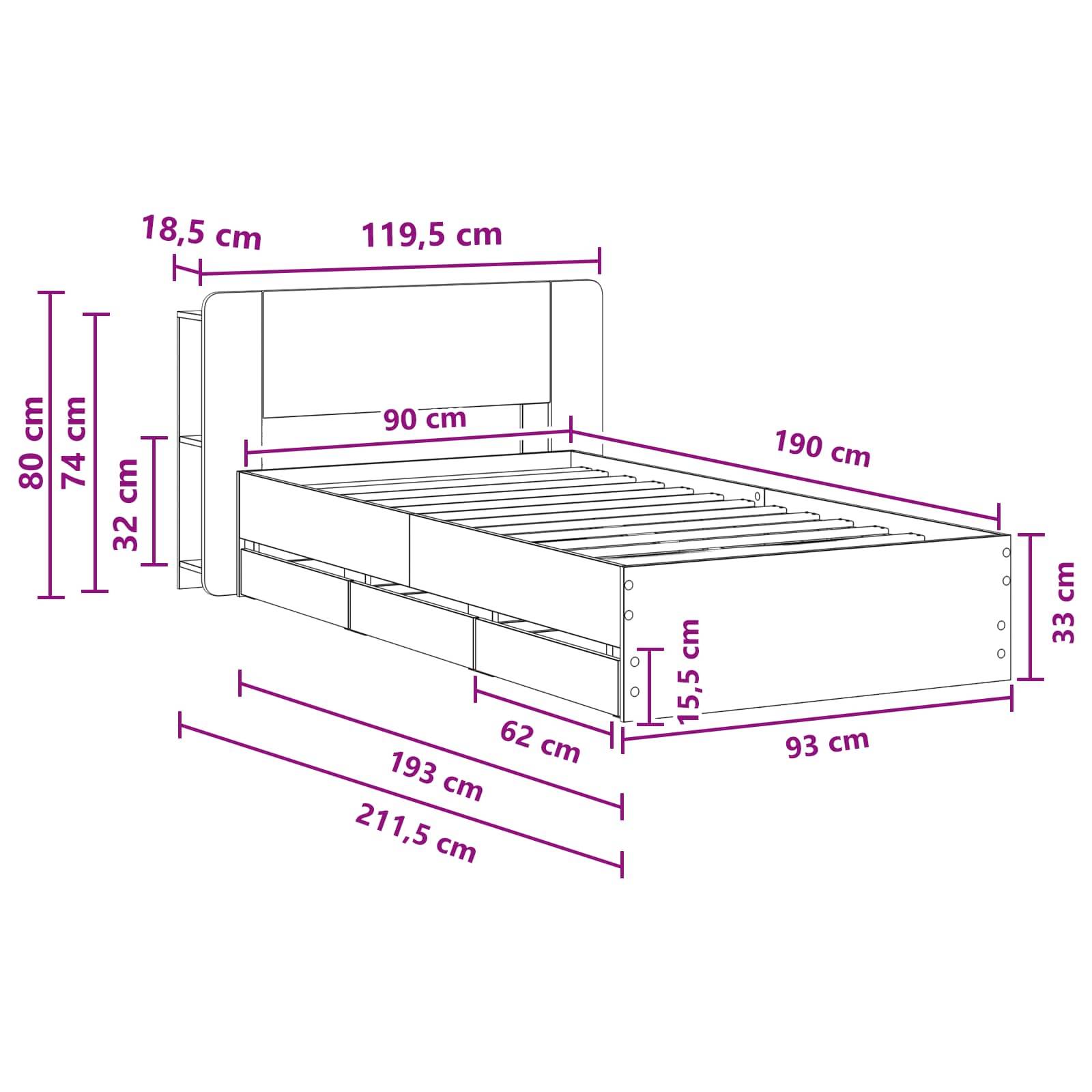 vidaXL Bettgestell mit Stauraum Grau Sonoma 90 x 190 cm Holzwerkstoff