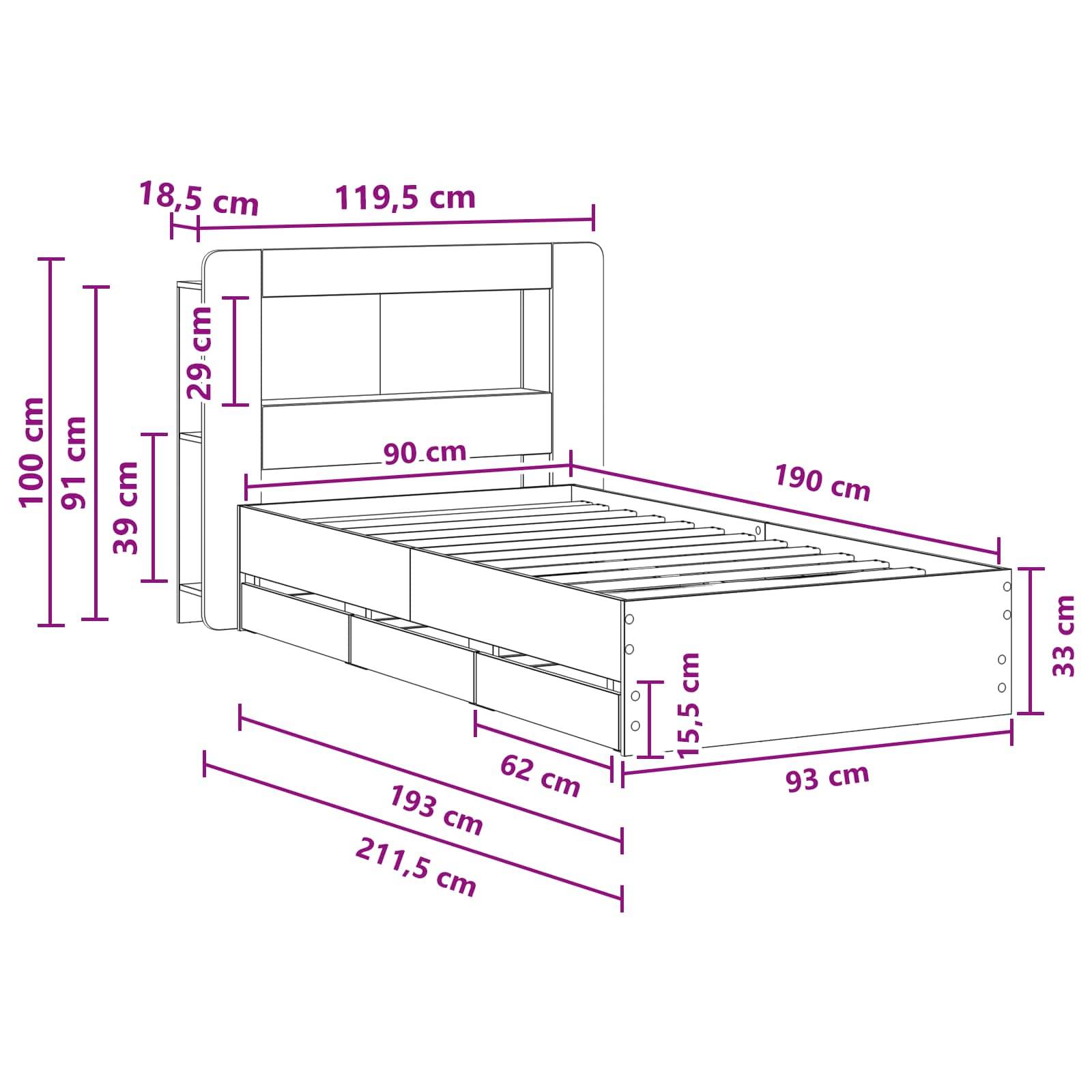 vidaXL Bettgestell mit Stauraum Geräucherte Eiche 90 x 190 cm