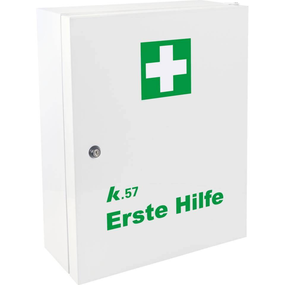 K.57 Verbandschrank, 1-türig, 4 Einlegeböden, weiß, Stahlblech, 350x450x150mm