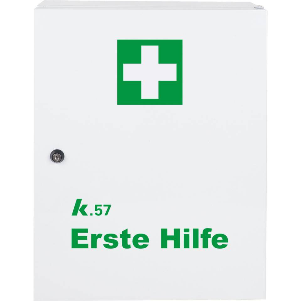 K.57 Verbandschrank, 1-türig, 4 Einlegeböden, weiß, Stahlblech, 350x450x150mm