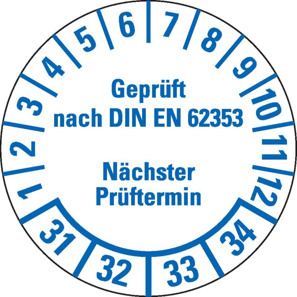 Prüfplakette geprüft nach DIN EN 62353 Nächste Prüfung 2031-2034, weiß, Folie, Ø 25mm, 21/Bogen