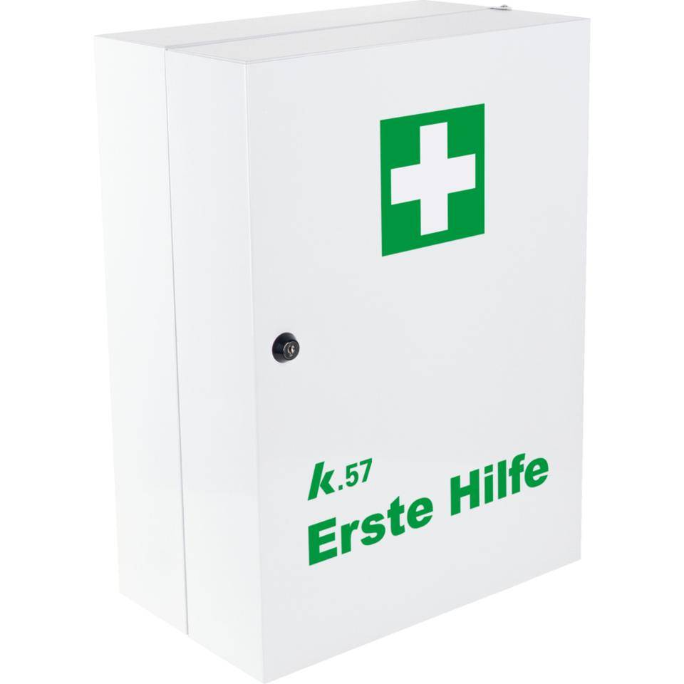K.57 Verbandschrank, 1-türig, 3 Einlegeböden, weiß, Stahlblech, 320x450x190mm