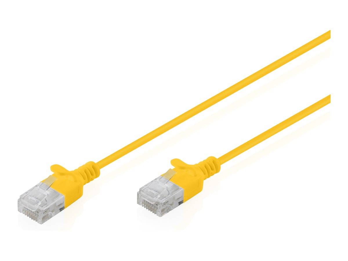 Zwei gelbe Ethernet-Kabel mit RJ45-Steckern auf weißem Hintergrund.