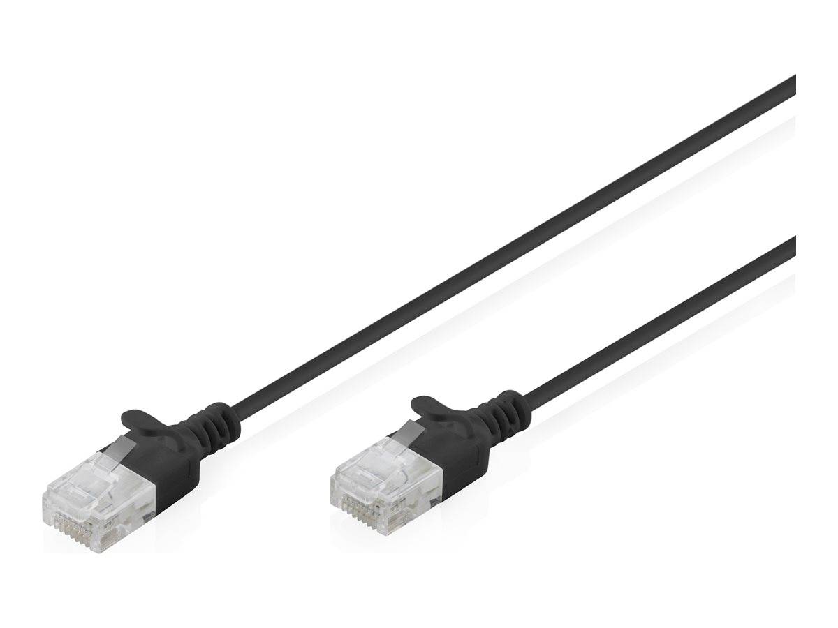 Zwei schwarze Ethernet-Netzwerkkabel mit transparenten RJ45-Steckern auf weißem Hintergrund.