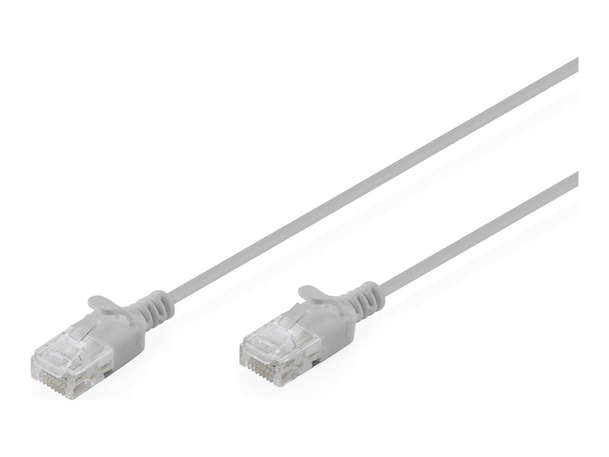 Zwei graue Ethernetkabelverbinder mit transparenten RJ45-Steckern auf weißem Hintergrund.