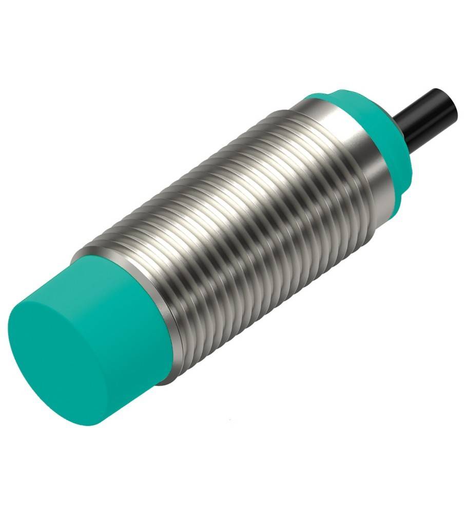 Zylindrischer Metallsensor mit Gewinde, Endhauben in Blaugrün und schwarzem Kabel, dargestellt auf weißem Hintergrund.