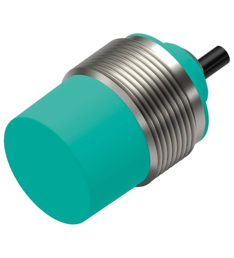 Zylindrischer Näherungssensor mit Gewinde, tealblaue Kappe und schwarze Anschlussleiter.