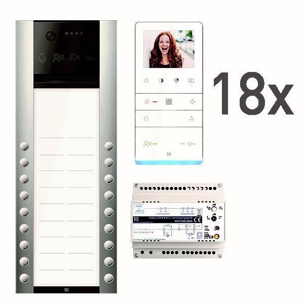 Produktbild eines Video-Türsprechanlage-Systems: Außenpanel, Indoor-Touchscreen-Monitor und Verkabelungsmodul, beschriftet mit „18x