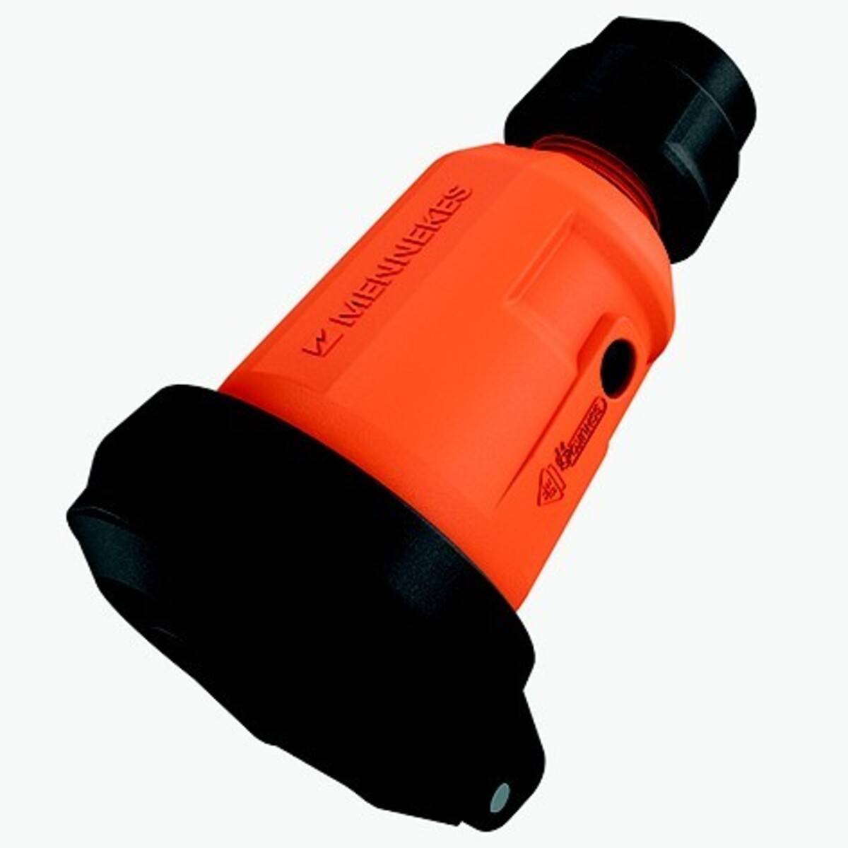 Orange-schwarzer Stecker für Schiffselektrik mit Schutzkappe, isoliert auf weißem Hintergrund dargestellt.