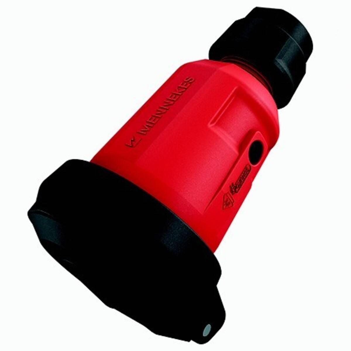 Rotes tragbares Industriegerät mit schwarzen Enden, dargestellt auf weißem Hintergrund, wahrscheinlich ein Stecker oder Anschluss.