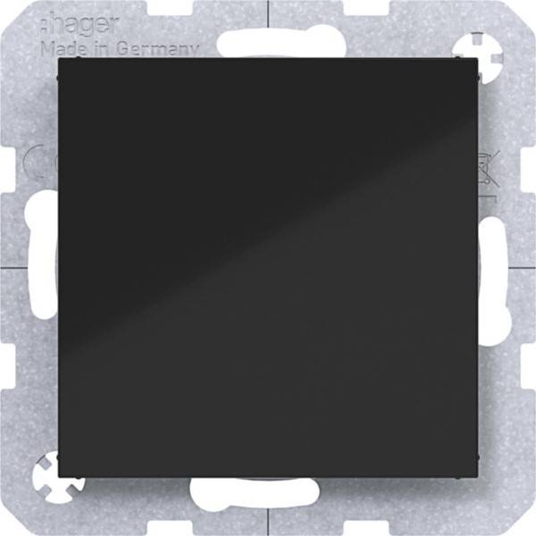 Schwarze quadratische Wandschalter-Abdeckplatte auf einem Metallmontagrahmen, beschriftet mit „hager Made in Germany