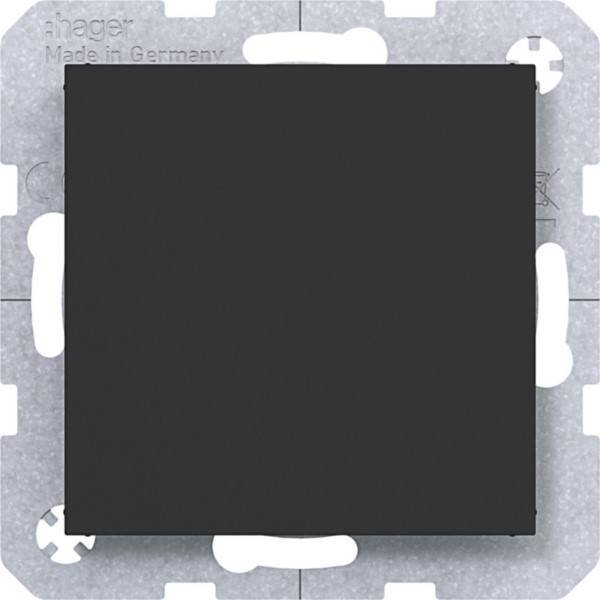 Schwarze quadratische Wandschalterabdeckung auf einer Metallmontageplatte mit der Aufschrift 