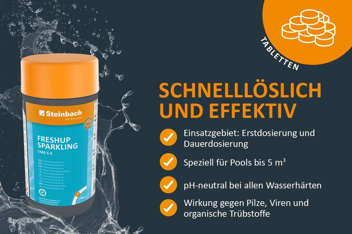 Steinbach | FreshUp Sparkling | Poolpflege in 5g Portionen | 1kg Packung | ideal zur Wasseraufbereitung | einfache Anwendung | sorgt für klares