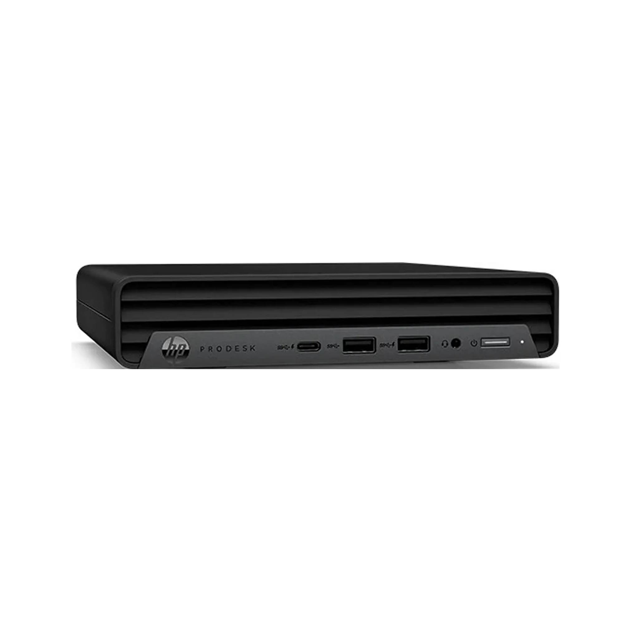 Schwarzer HP ProDesk Desktop-Mini-PC in Frontansicht mit Belüftungsschlitzen und USB-Anschlüssen auf der Frontblende.