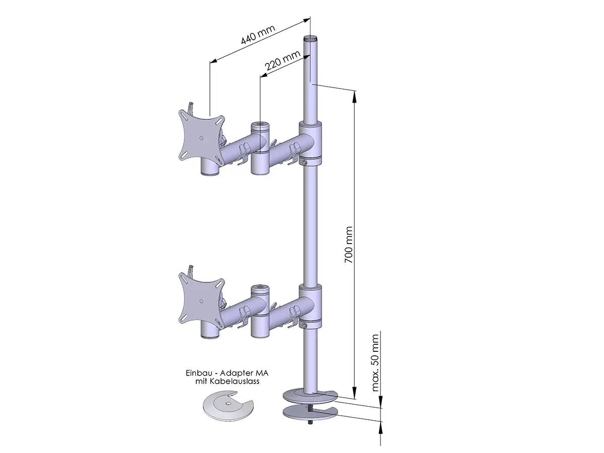 Flex-System Monitorhalterung für 2 Monitore Einbauadapter mit Kabelauslass (MA) 1+1 - 17''-24''