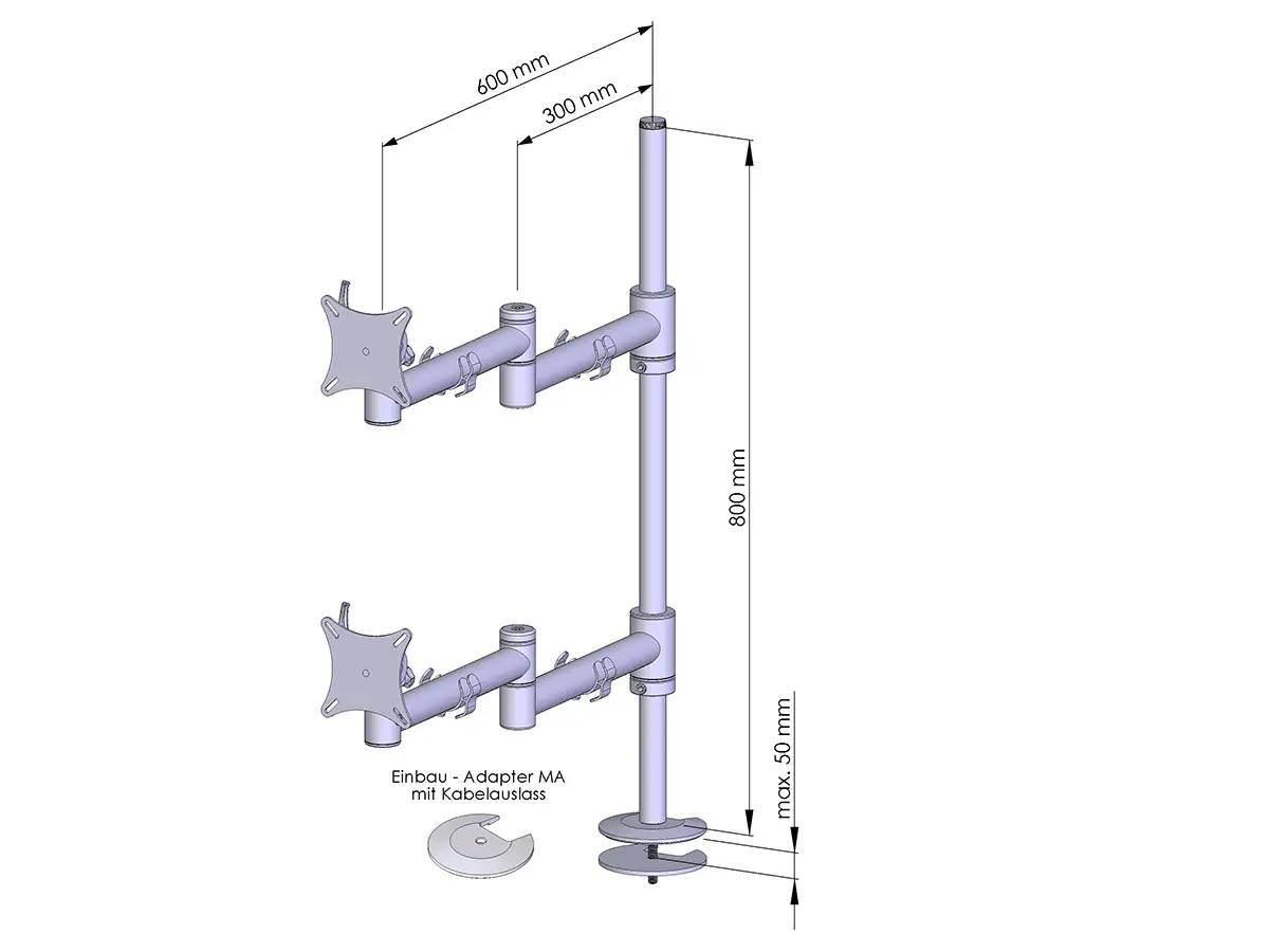 Flex-System Monitorhalterung für 2 Monitore Einbauadapter mit Kabelauslass (MA) 1+1 - 25"-32"