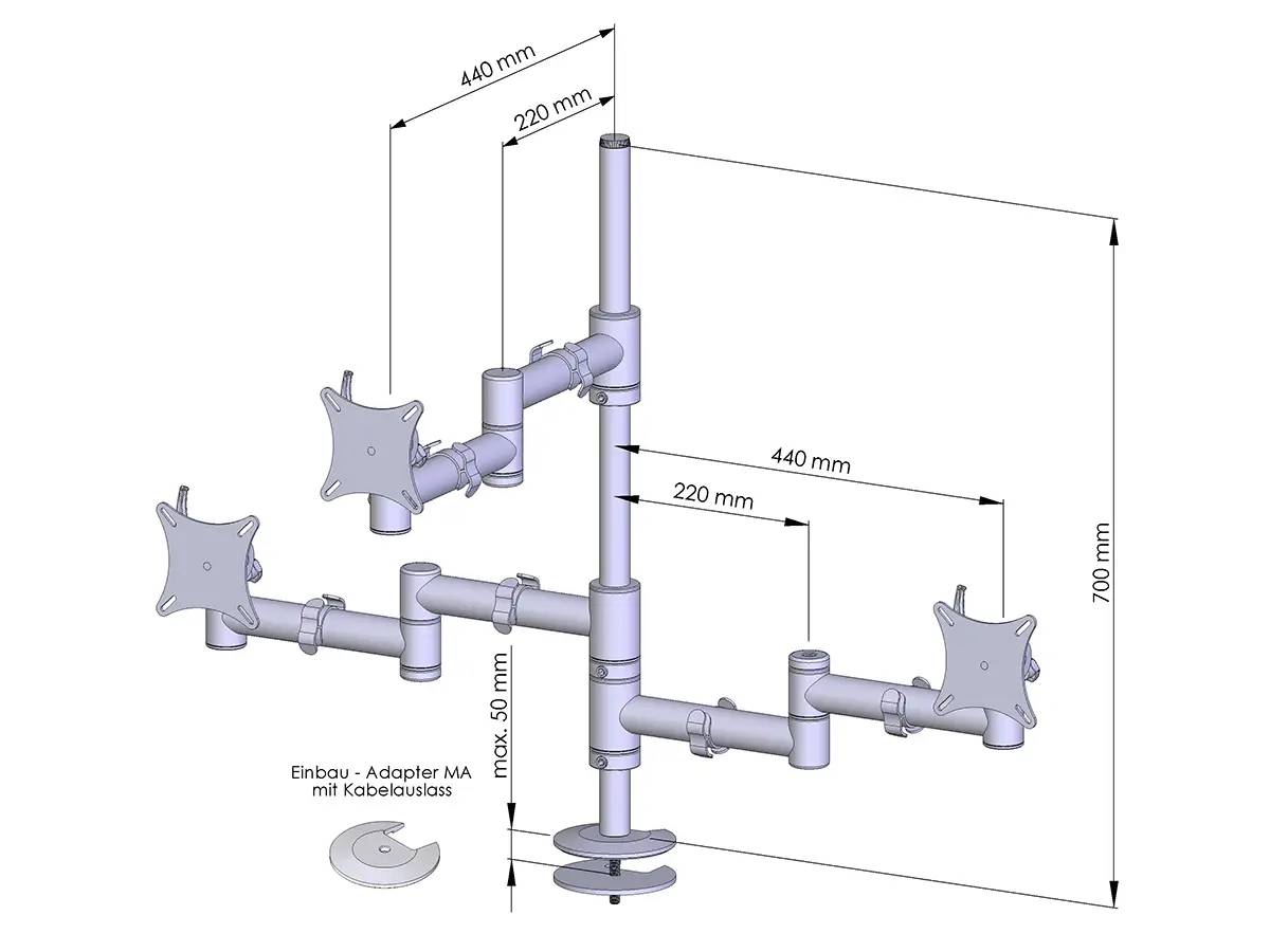 Flex-System Monitorhalterung für 3 Monitore Einbauadapter mit Kabelauslass (MA) 2+1 - 17''-24''