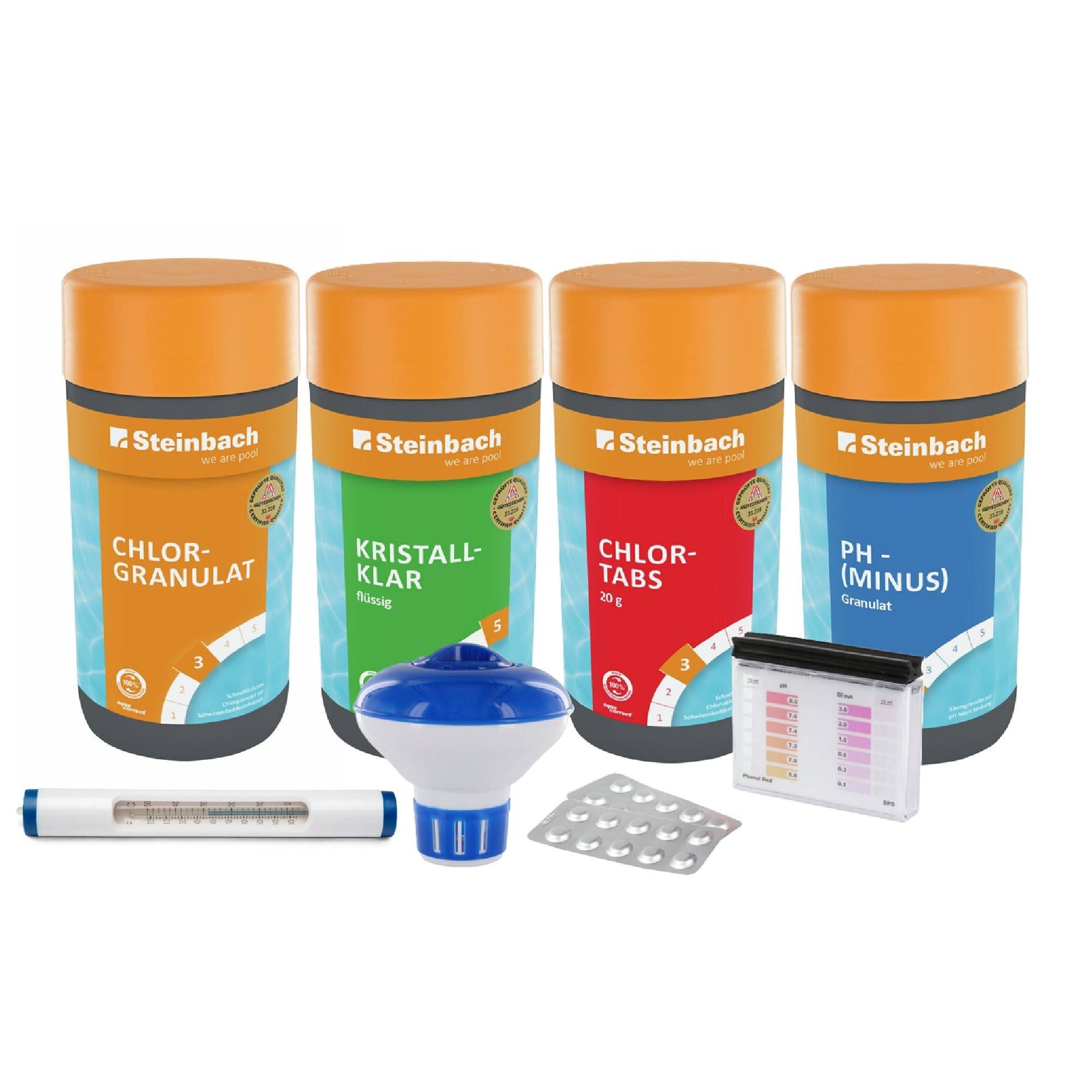 STEINBACH | Wasserpflege Set Classic XL I Pool Chlor Starterset für Einsteiger I Mini-Multitabs, Kristallklar, Dosierschwimmer, Testkit, pH-Senker