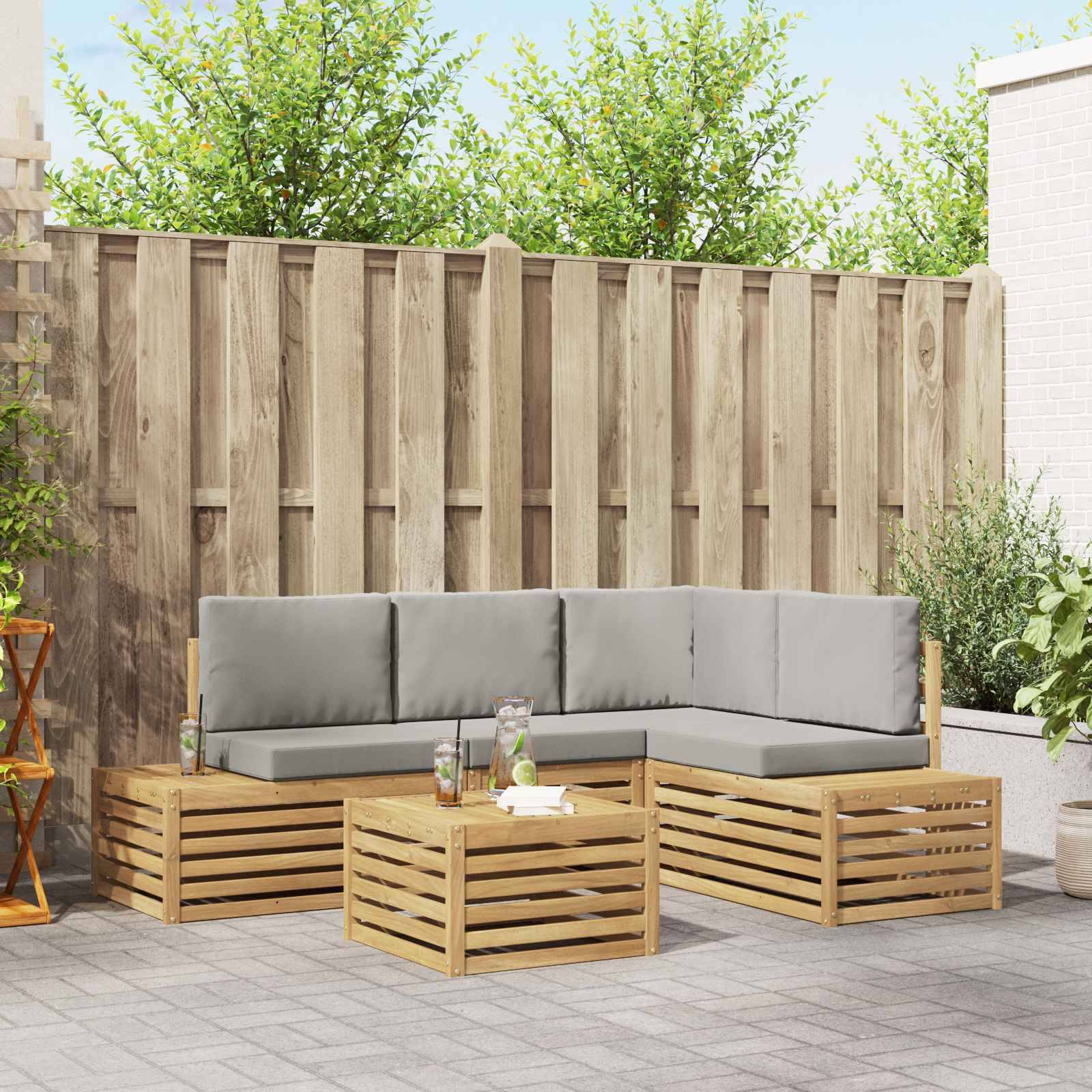 vidaXL Outdoor-Sofagarnitur mit Kissen 5 Stück Weiß und Hellgrau