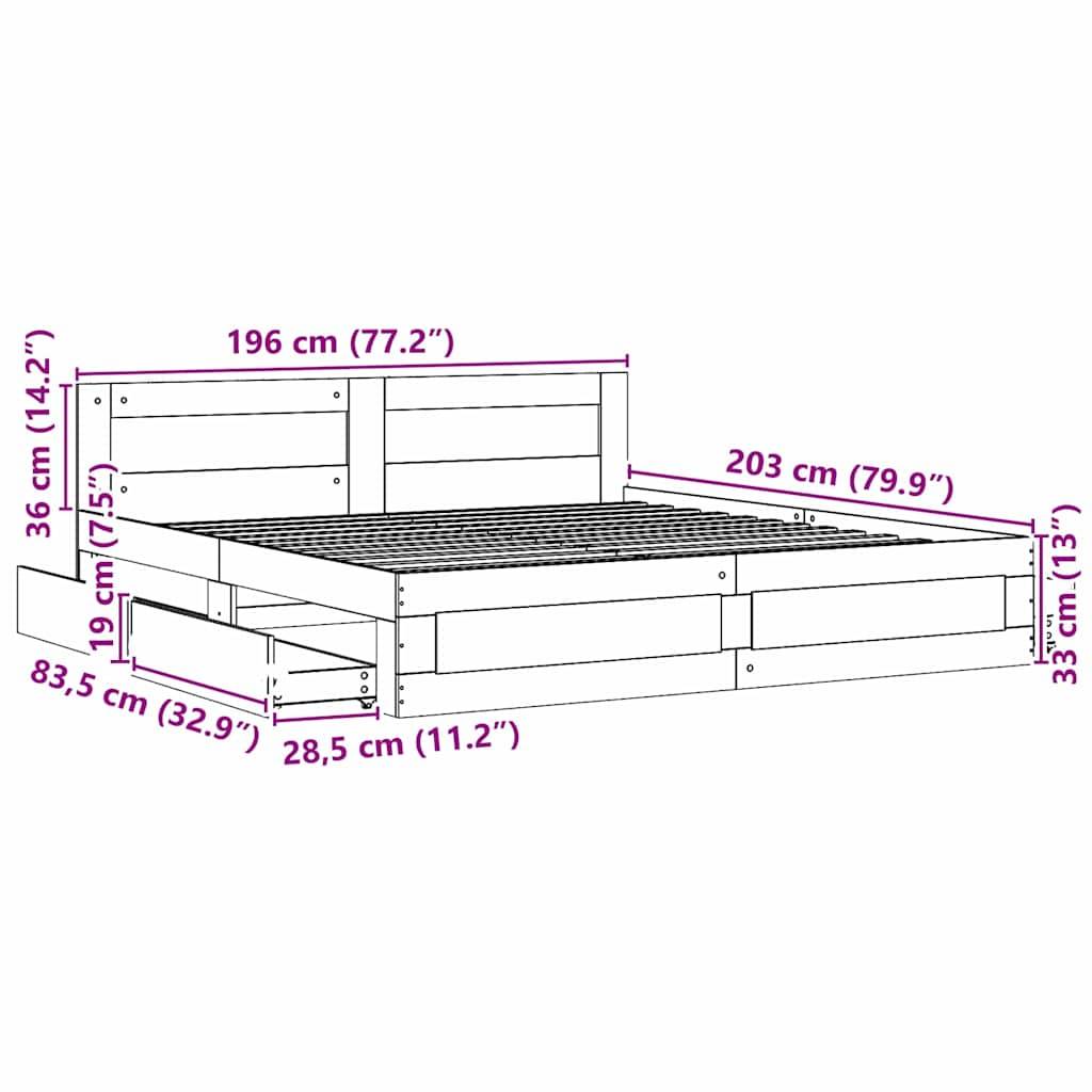 Diagramm eines Bettgestells mit beschrifteten Abmessungen: 196 cm Breite, 203 cm Länge, 83,5 cm Schubladentiefe und 36 cm Kopfteilhöhe.