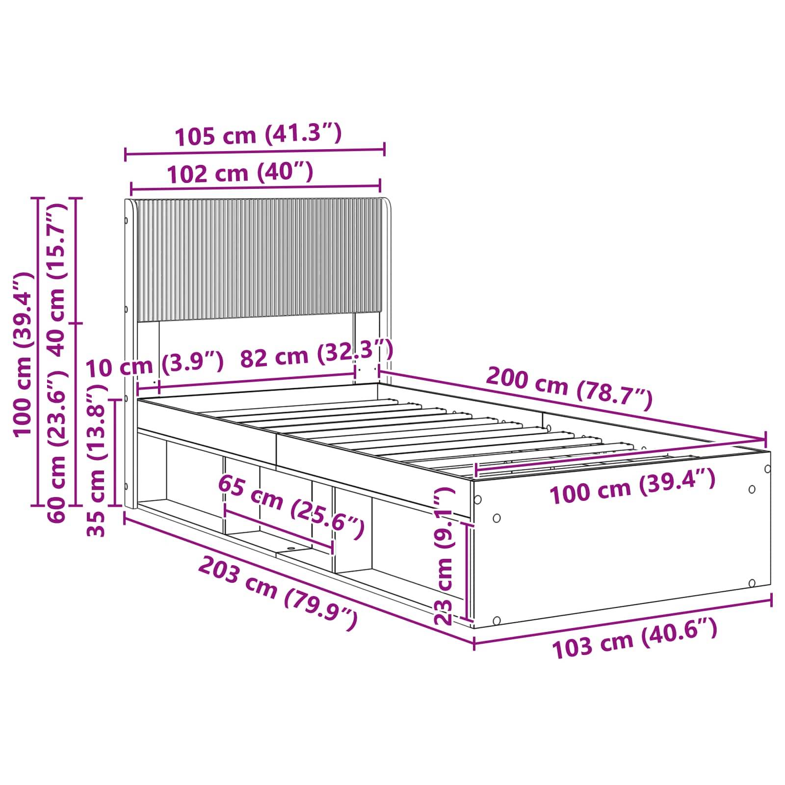 vidaXL Bettgestell mit Stauraum und Kopfteil Betongrau 100 x 200 cm