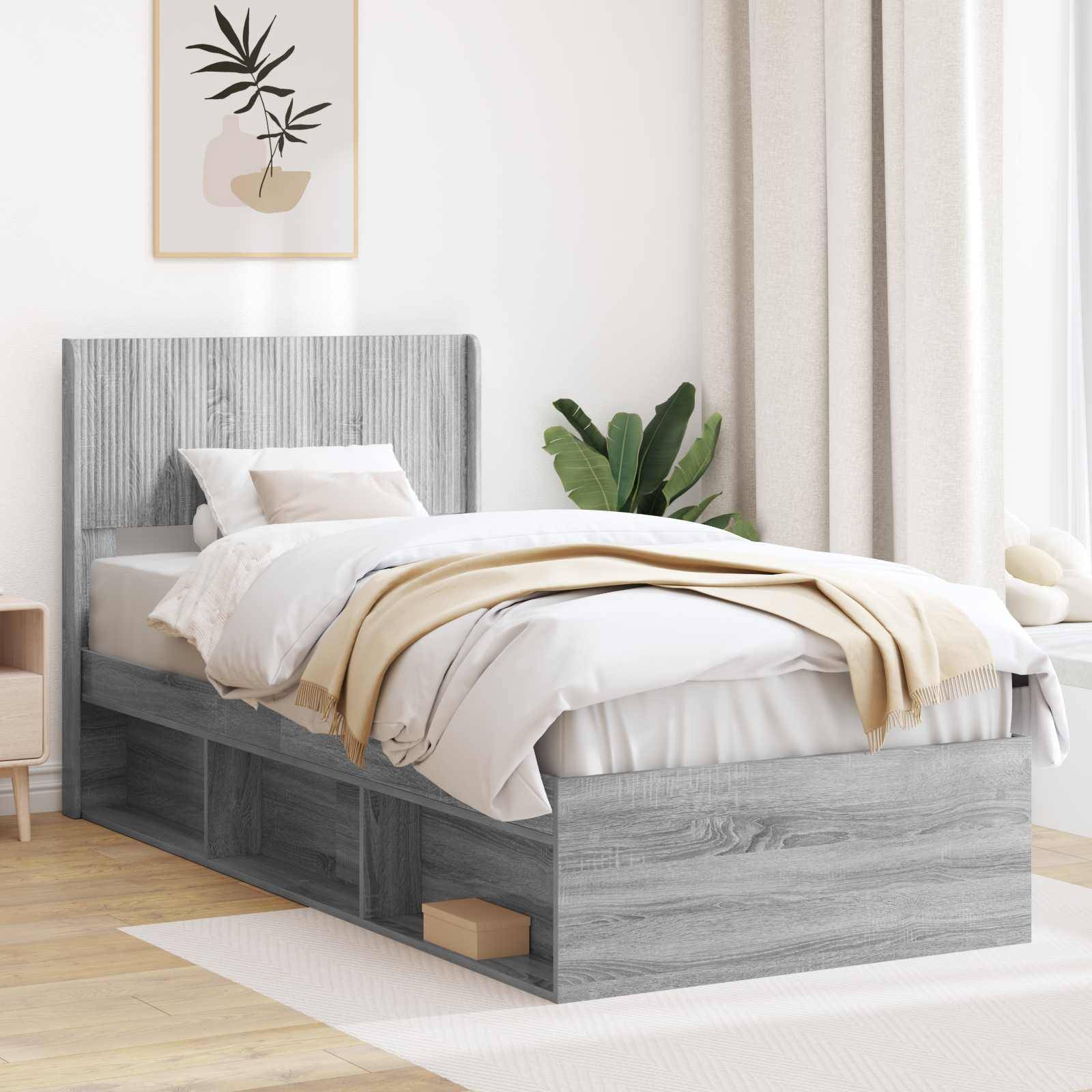 vidaXL Bettgestell mit Stauraum und Kopfteil Grau Sonoma 100 x 200 cm