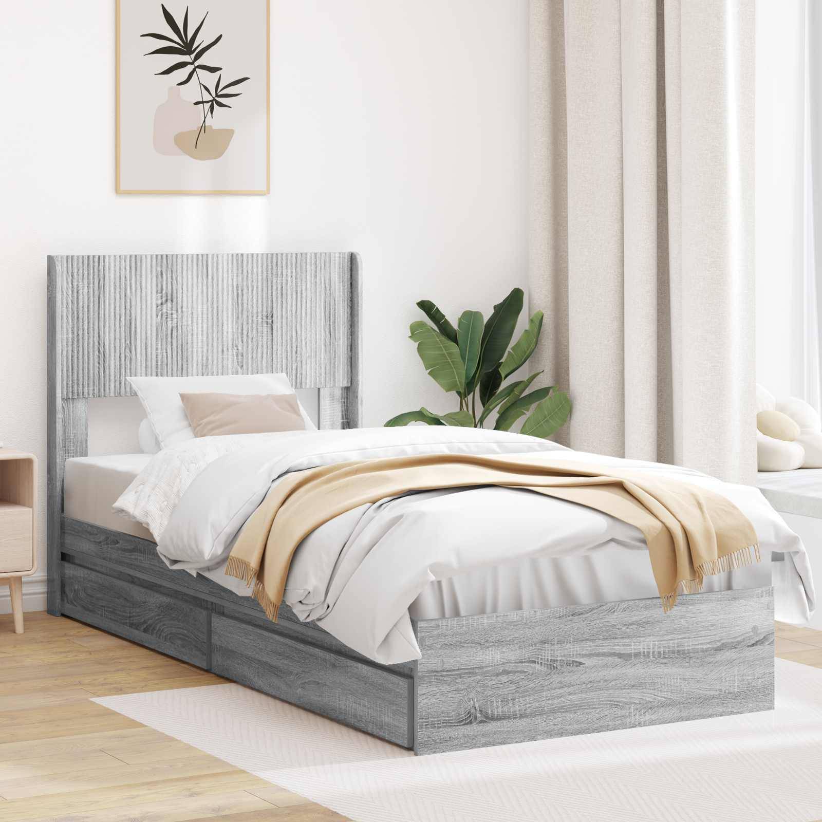 vidaXL Bettgestell mit Stauraum und Kopfteil Grau Sonoma 90 x 200 cm