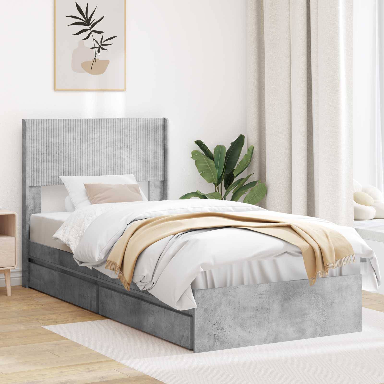 vidaXL Bettgestell mit Stauraum und Kopfteil Betongrau 90 x 190 cm