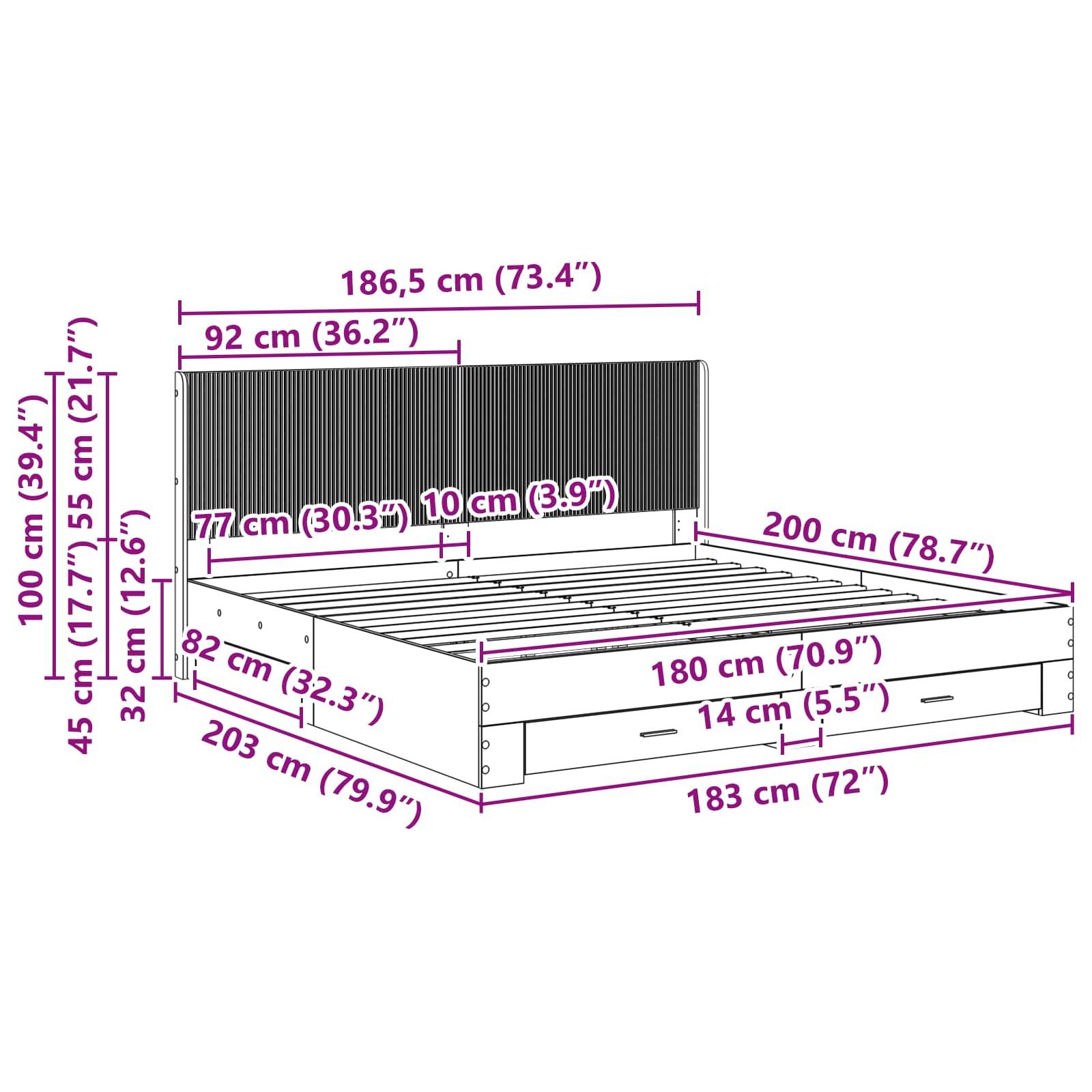 Maßstabgerechte Zeichnung eines Bettgestells mit Lamellenrost und Kopfteil, mit Gesamtabmessungen von 200 x 186,5 x 100 cm und Schlüsselkomponentenmessungen in cm und Zoll.