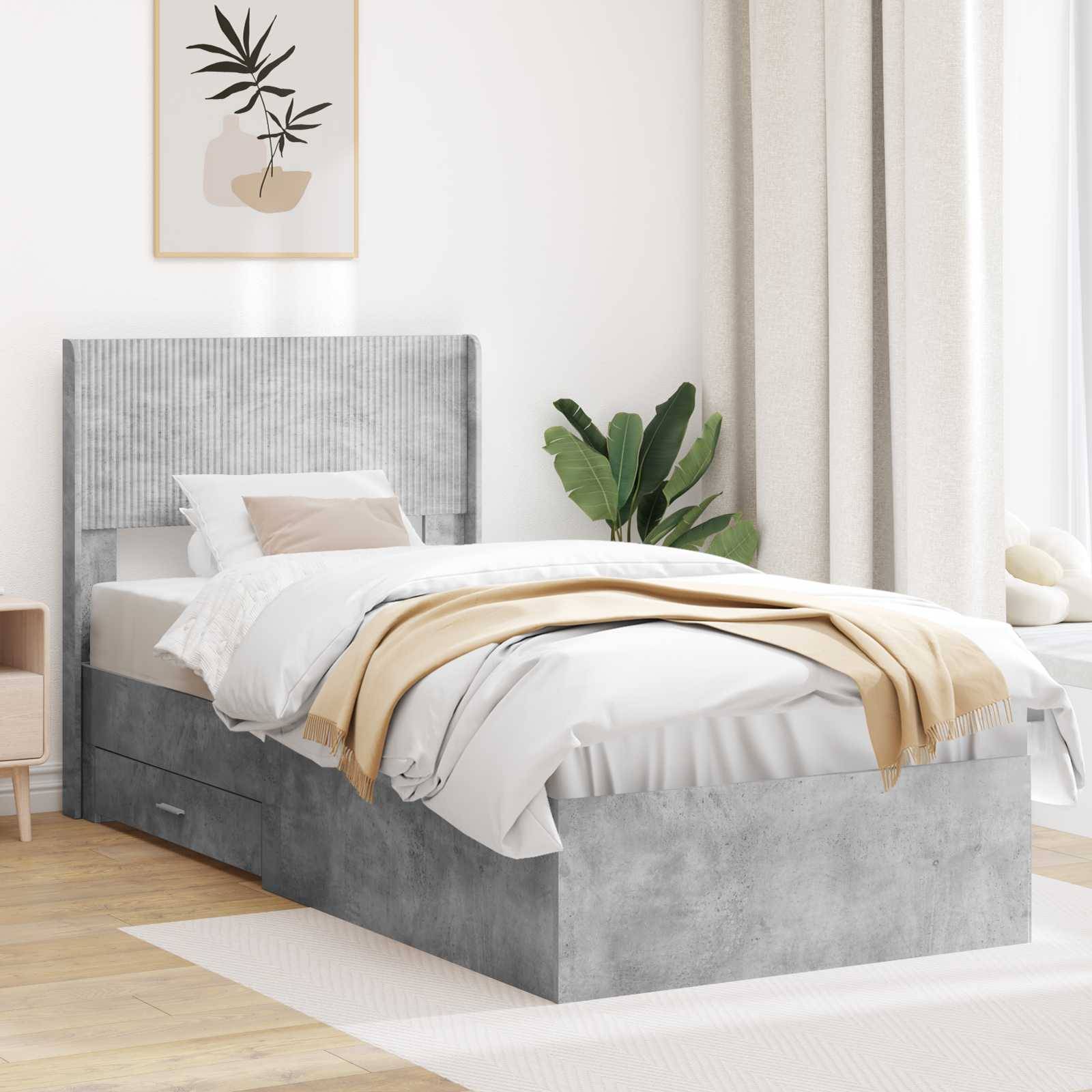vidaXL Bettgestell mit Stauraum und Kopfteil Betongrau 90 x 190 cm