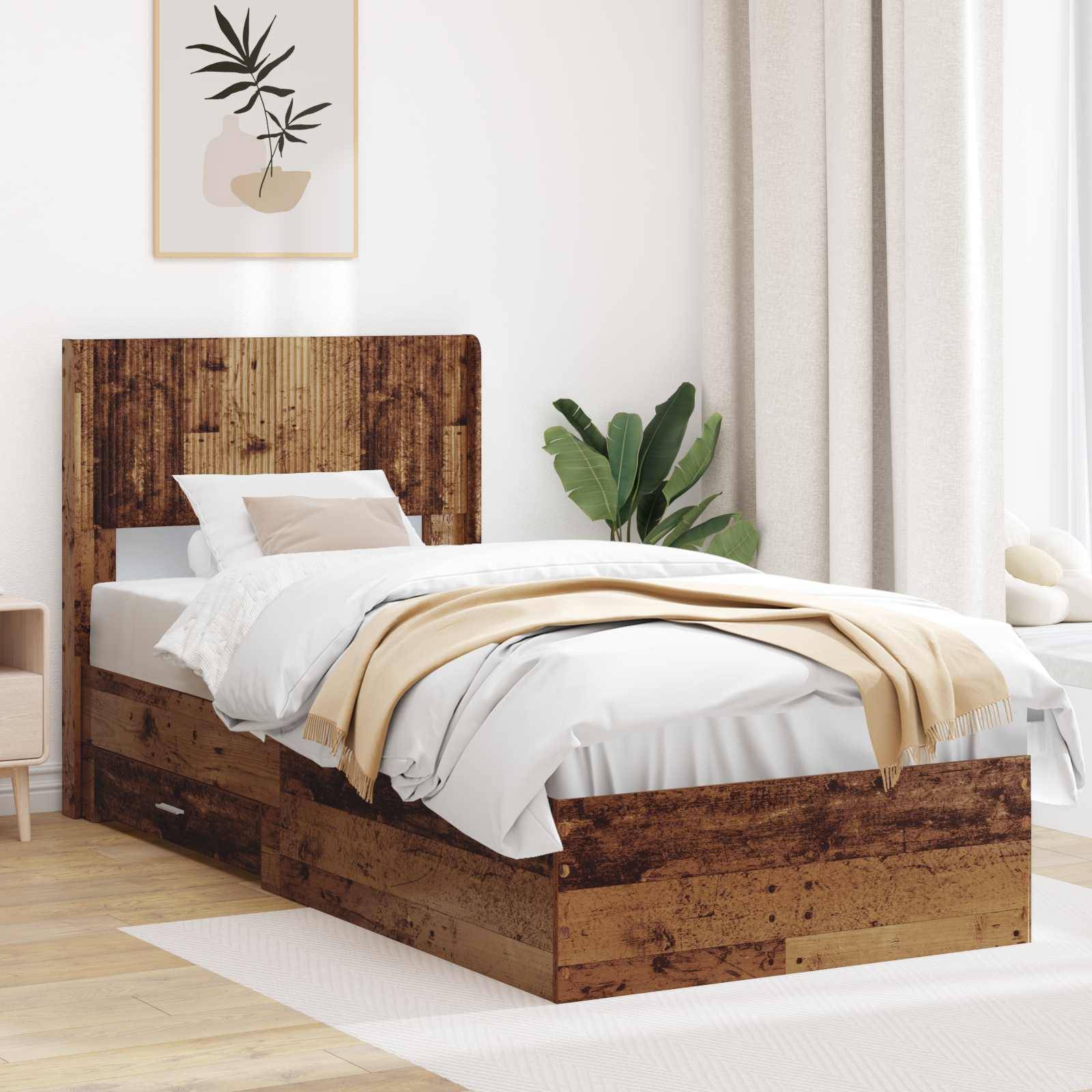 vidaXL Bettgestell mit Stauraum und Kopfteil Altholz 90 x 190 cm