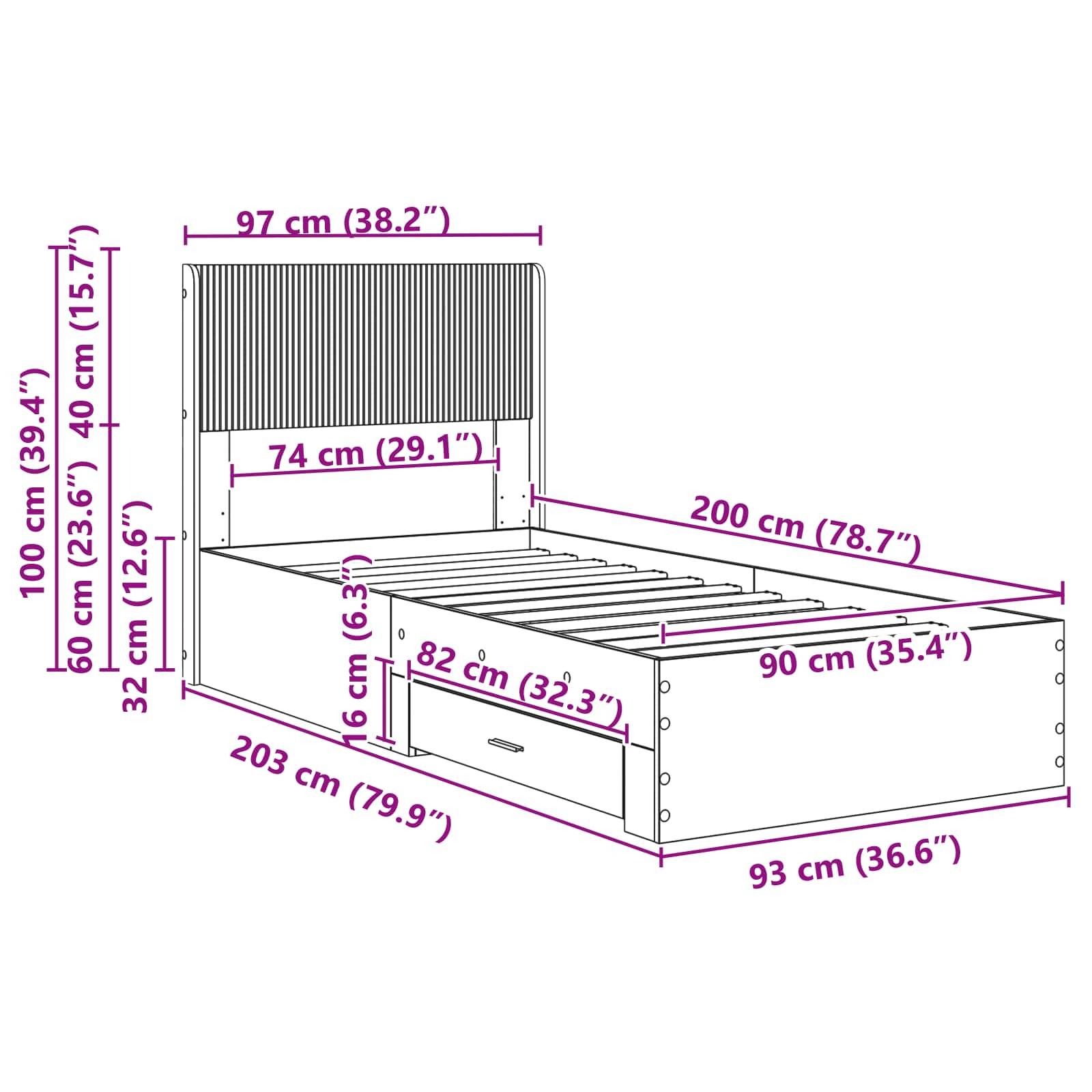 vidaXL Bettgestell mit Stauraum und Kopfteil Sonoma-Eiche 90 x 200 cm
